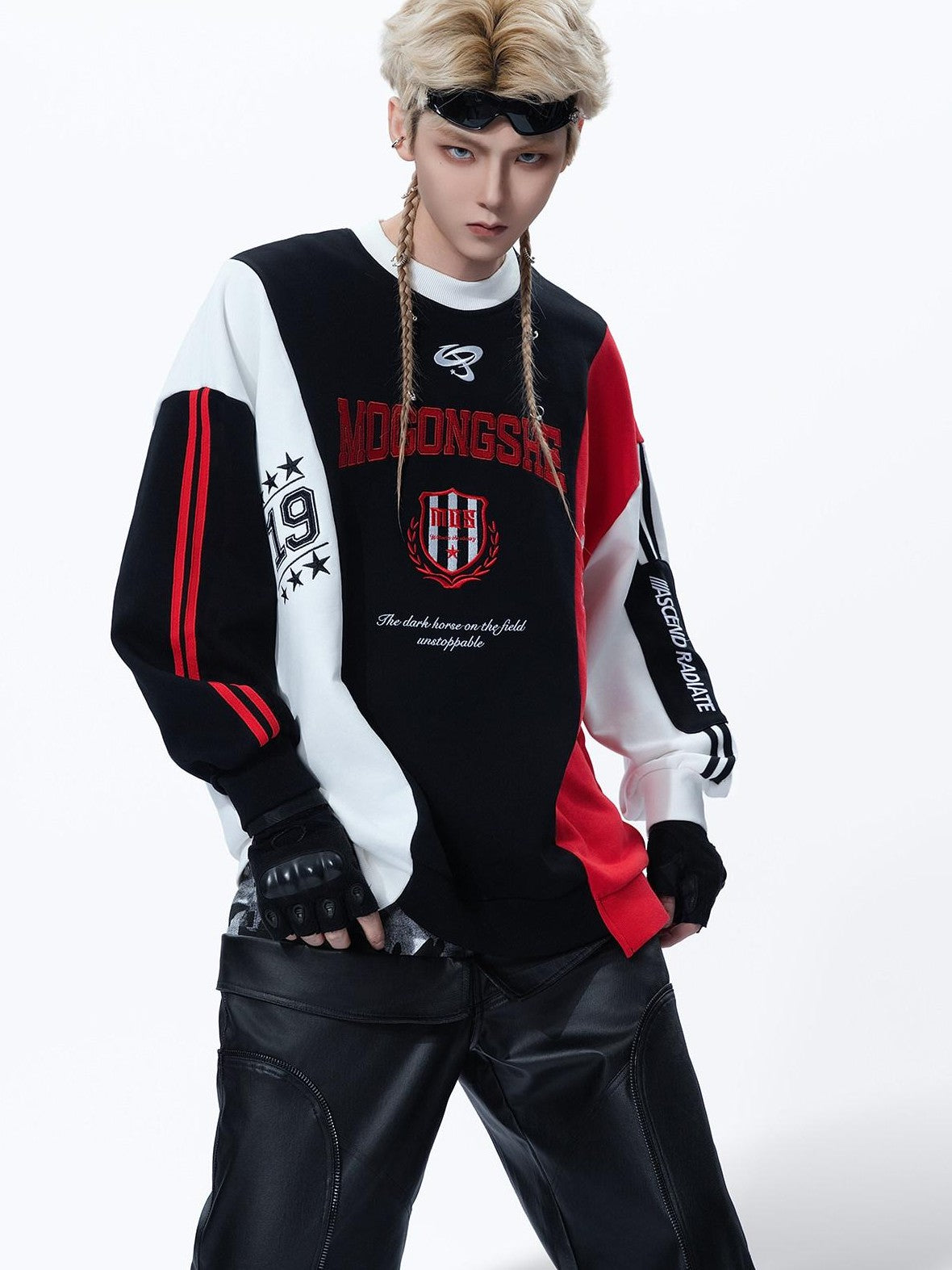 MOGONGSHE Black Red White Colorblock Embroidered Women's Retro Sport Long Sleeve T-shirts