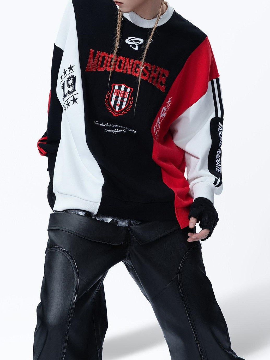 MOGONGSHE Black Red White Colorblock Embroidered Women's Retro Sport Long Sleeve T-shirts
