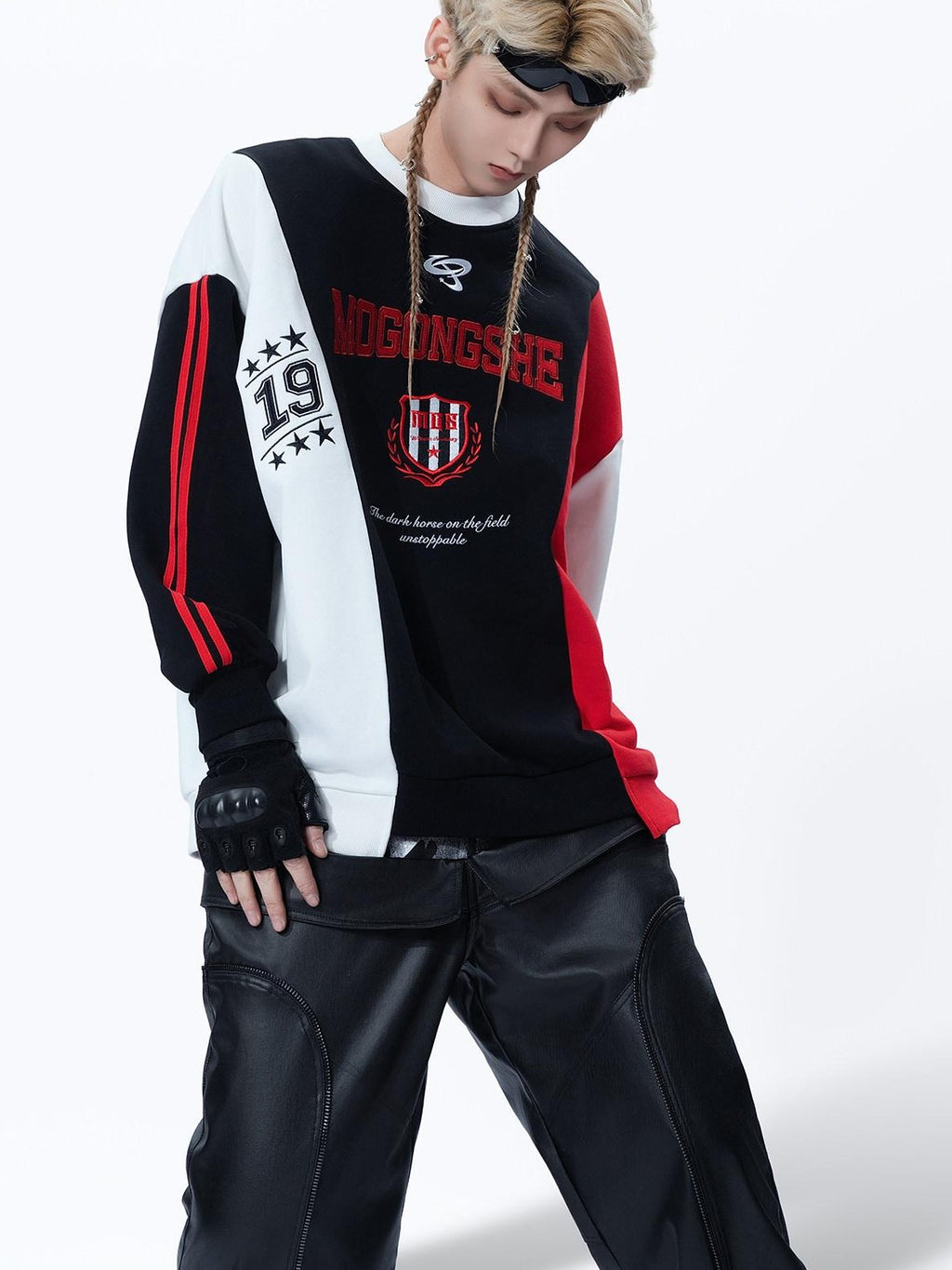 MOGONGSHE Black Red White Colorblock Embroidered Women's Retro Sport Long Sleeve T-shirts