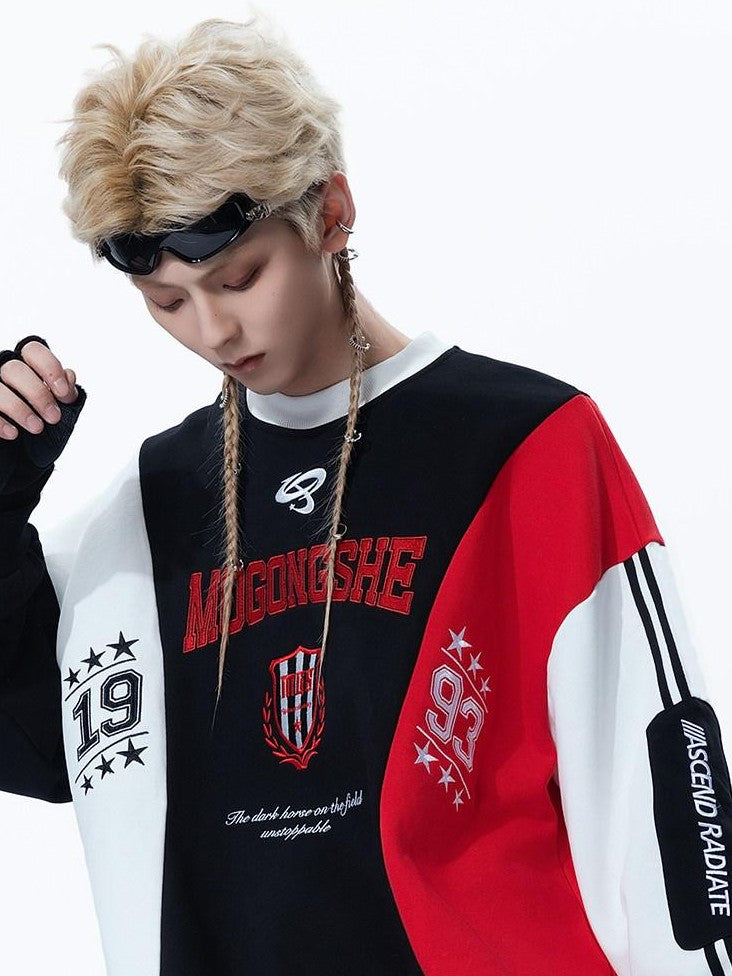 MOGONGSHE Black Red White Colorblock Embroidered Women's Retro Sport Long Sleeve T-shirts
