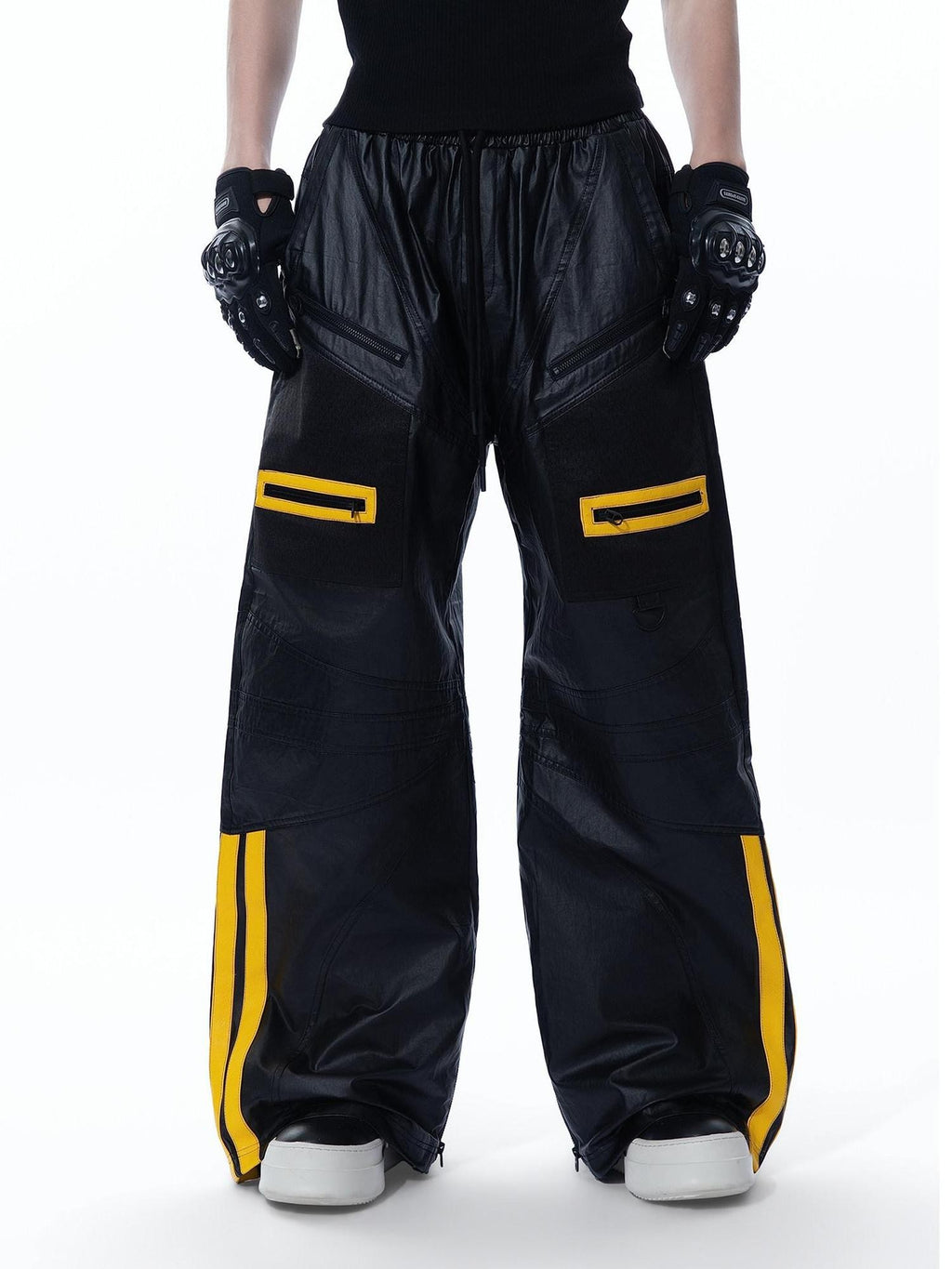 MOGONGSHE Black Yellow Colorblock Biker Style Women's Pu Leather Wide-leg Pants