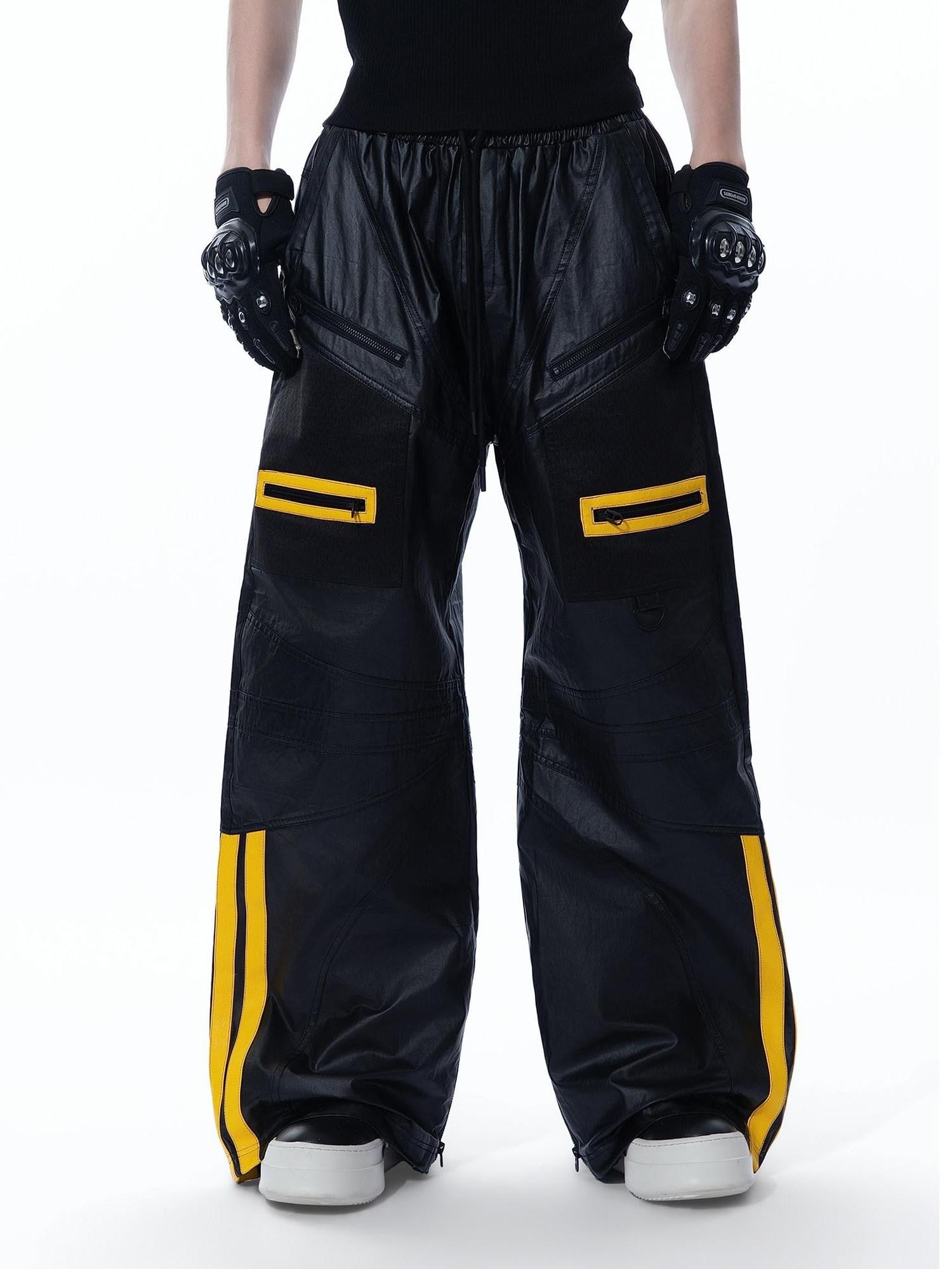 MOGONGSHE Black Yellow Colorblock Biker Style Women's Pu Leather Wide-leg Pants