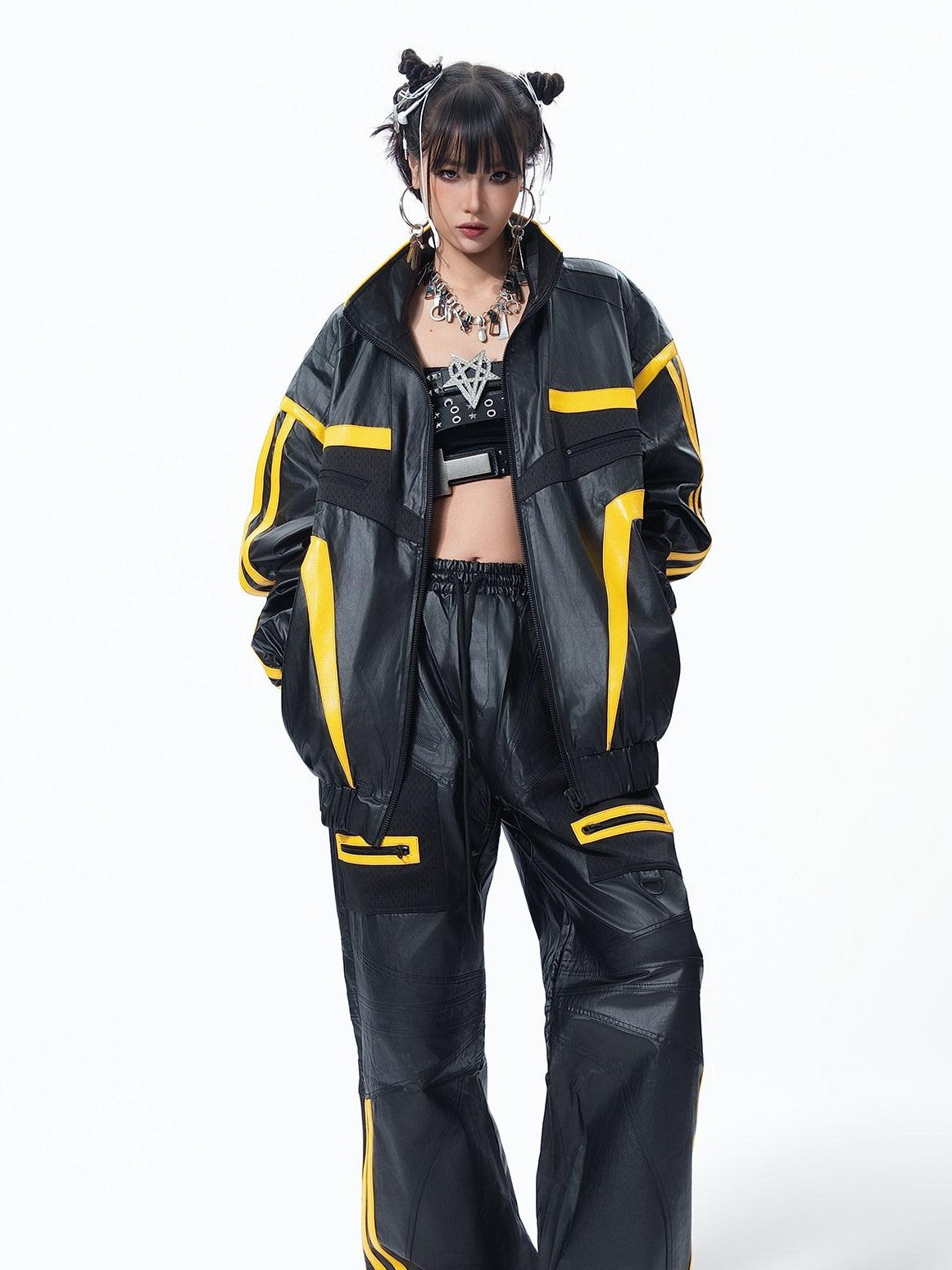 MOGONGSHE Black Yellow Colorblock Biker Style Women's Pu Leather Wide-leg Pants