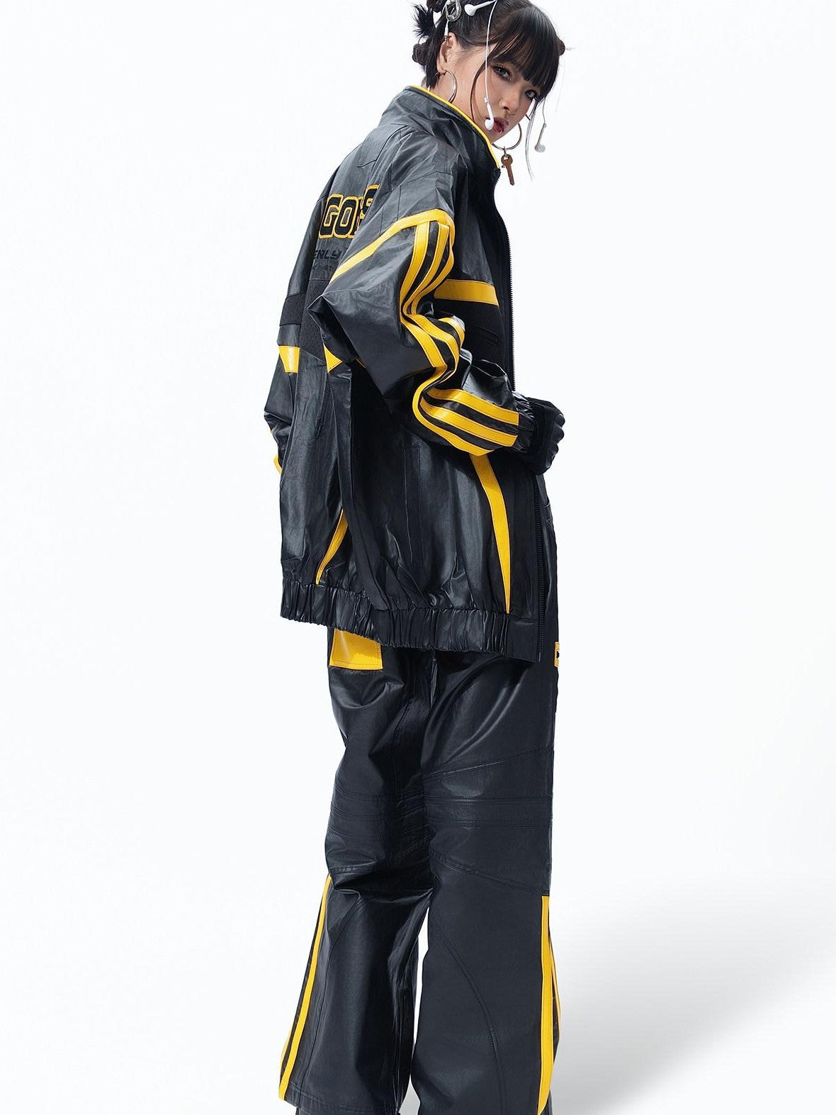 MOGONGSHE Black Yellow Colorblock Biker Style Women's Pu Leather Wide-leg Pants