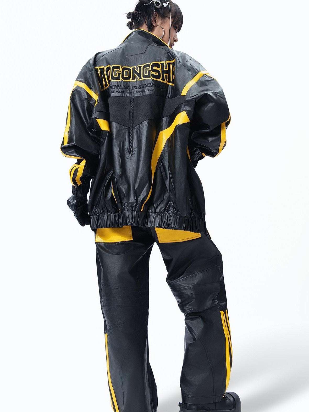 MOGONGSHE Black Yellow Colorblock Biker Style Women's Pu Leather Wide-leg Pants