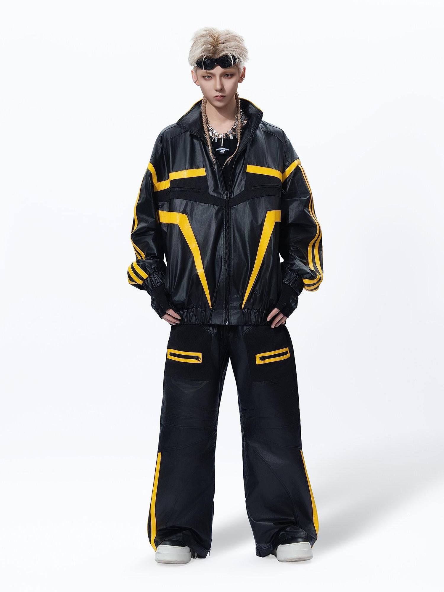 MOGONGSHE Black Yellow Colorblock Biker Style Women's Pu Leather Wide-leg Pants