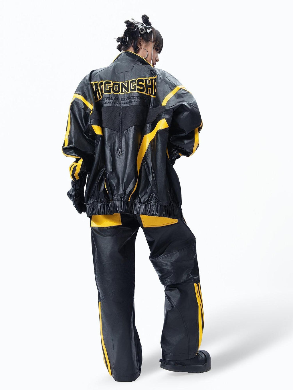 MOGONGSHE Black Yellow Colorblock Biker Style Women's Pu Leather Wide-leg Pants