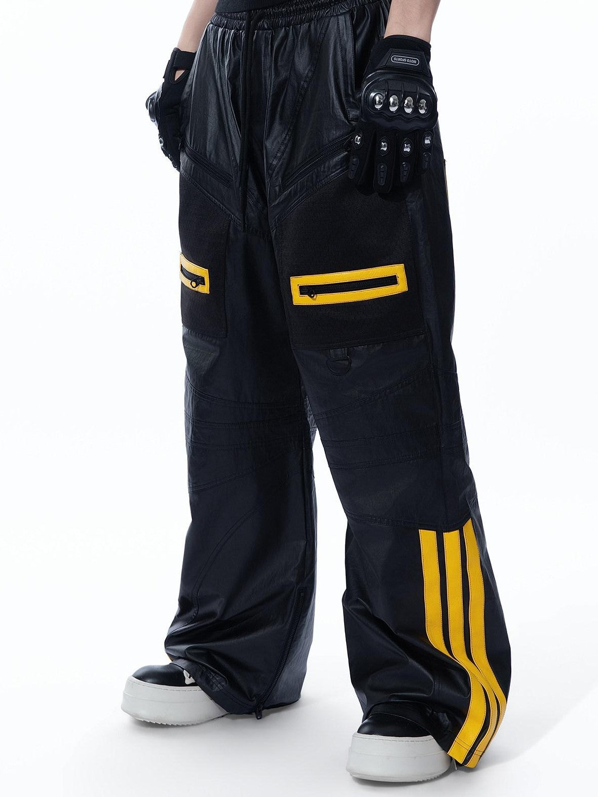 MOGONGSHE Black Yellow Colorblock Biker Style Women's Pu Leather Wide-leg Pants