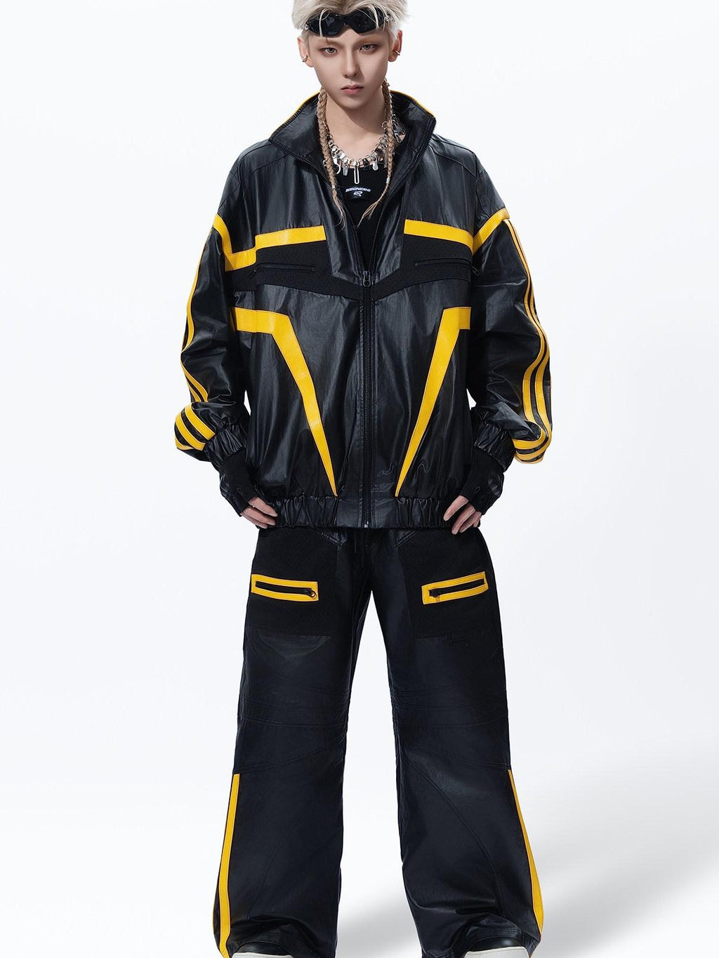 MOGONGSHE Black Yellow Colorblock Biker Style Women's Pu Leather Wide-leg Pants