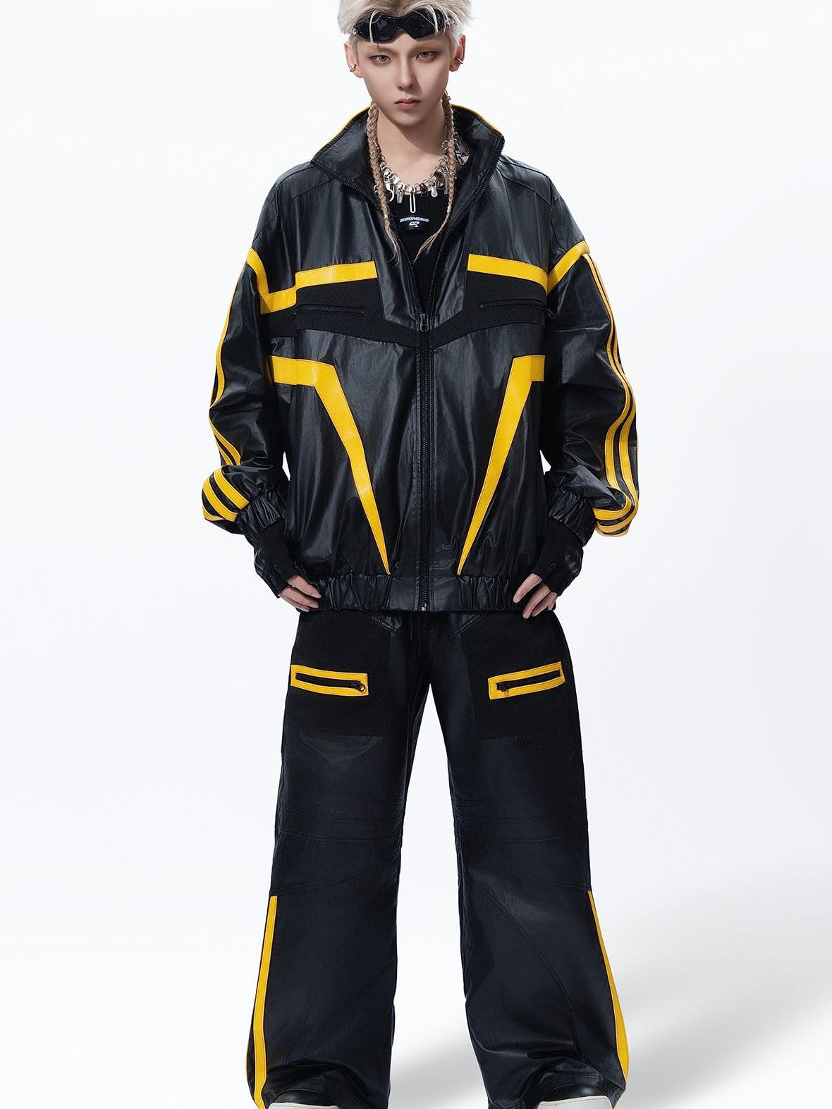 MOGONGSHE Black Yellow Colorblock Biker Style Women's Pu Leather Wide-leg Pants