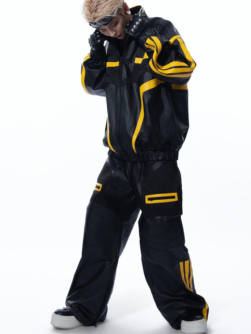 MOGONGSHE Black Yellow Colorblock Biker Style Women's Pu Leather Wide-leg Pants
