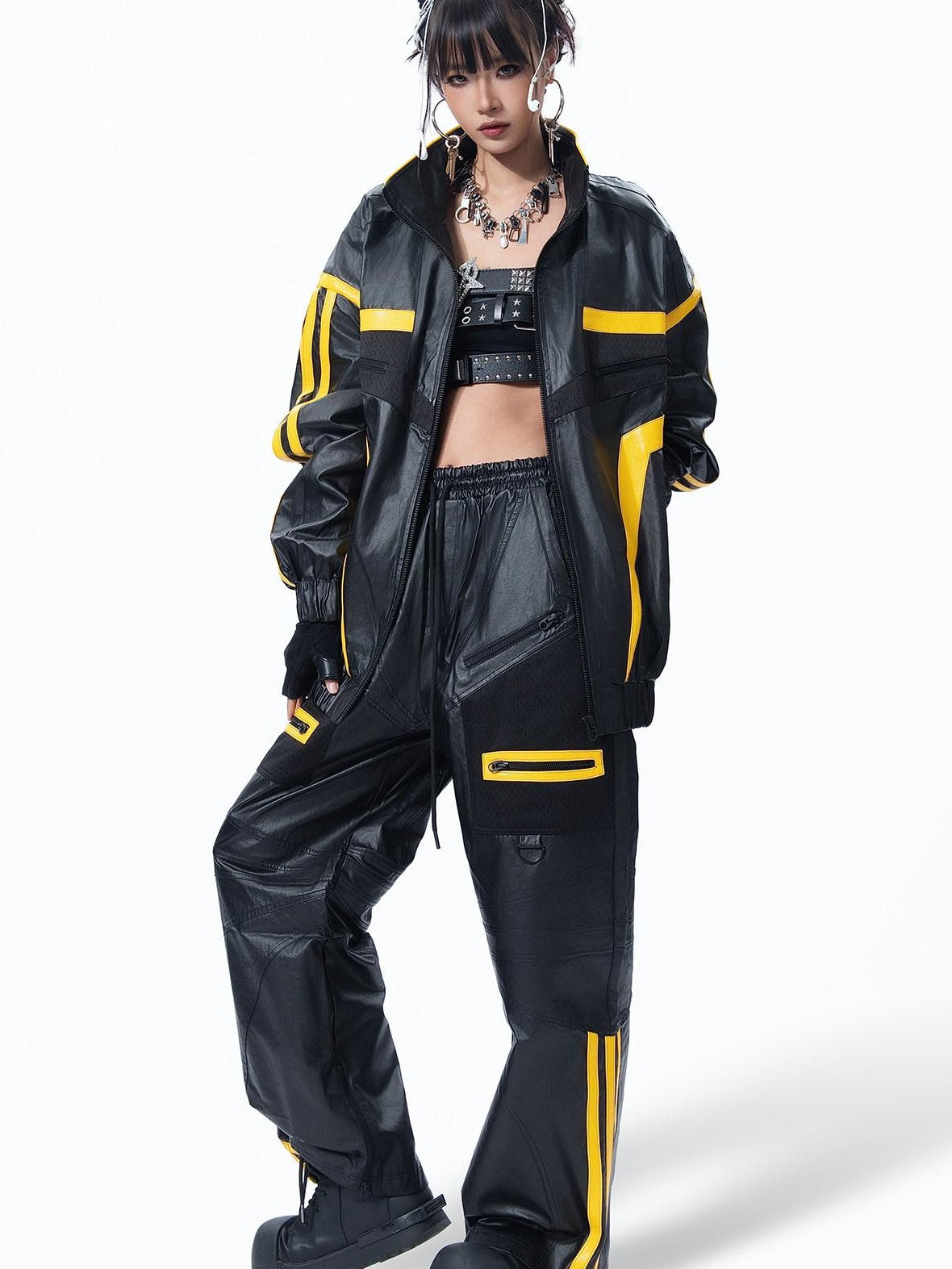 MOGONGSHE Black Yellow Colorblock Biker Style Women's Pu Leather Wide-leg Pants
