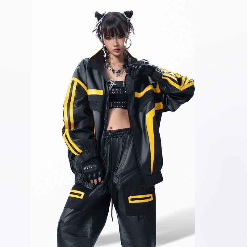 MOGONGSHE_Black_Yellow_Colorblock_High_Collar_Spliced_Biker_Women's_Pu_Leather_Jackets_995674166024_MISSTT
