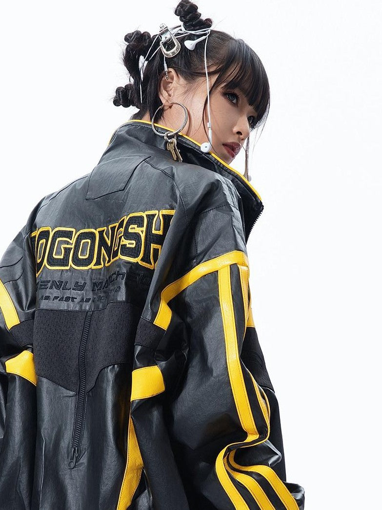 MOGONGSHE Black Yellow Colorblock High Collar Spliced Biker Women's Pu Leather Jackets