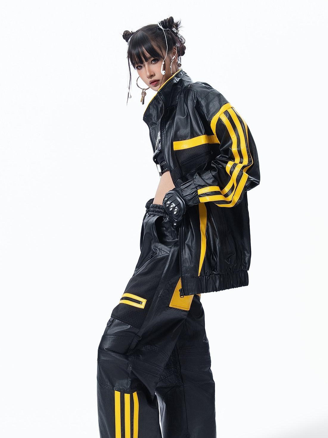 MOGONGSHE Black Yellow Colorblock High Collar Spliced Biker Women's Pu Leather Jackets