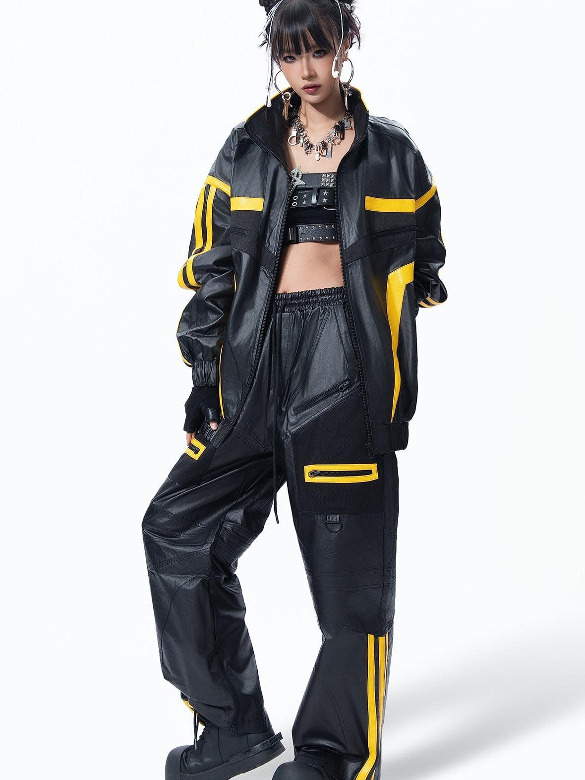 MOGONGSHE Black Yellow Colorblock High Collar Spliced Biker Women's Pu Leather Jackets