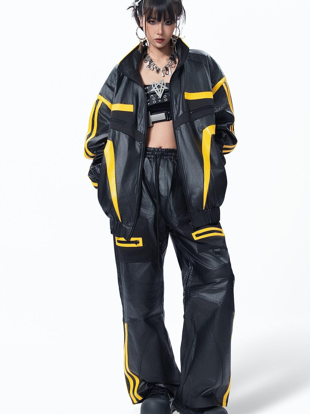MOGONGSHE Black Yellow Colorblock High Collar Spliced Biker Women's Pu Leather Jackets