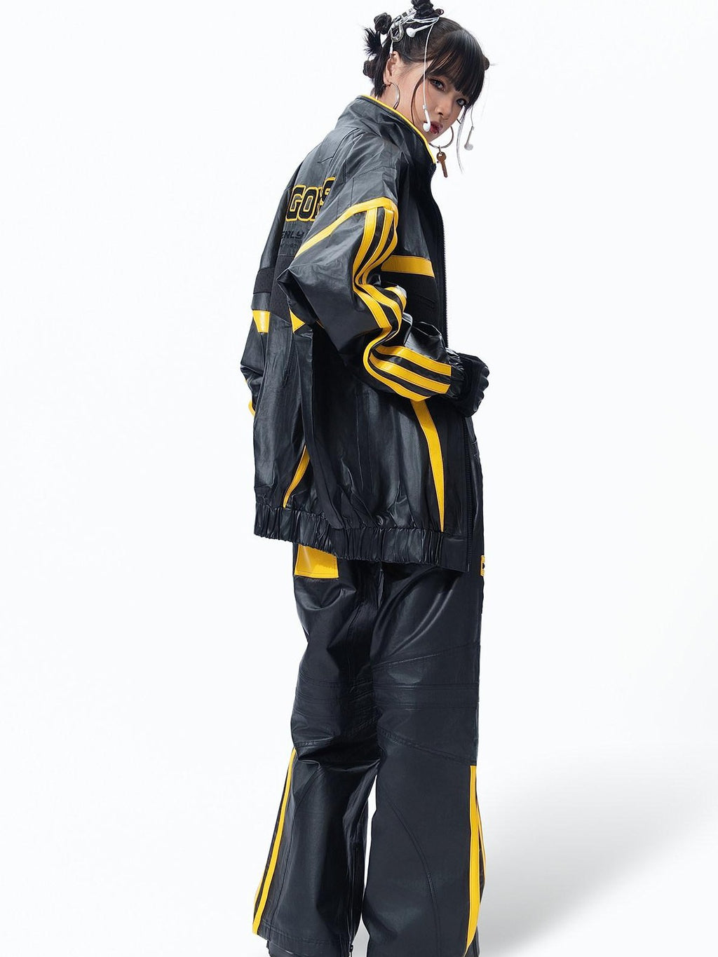 MOGONGSHE Black Yellow Colorblock High Collar Spliced Biker Women's Pu Leather Jackets