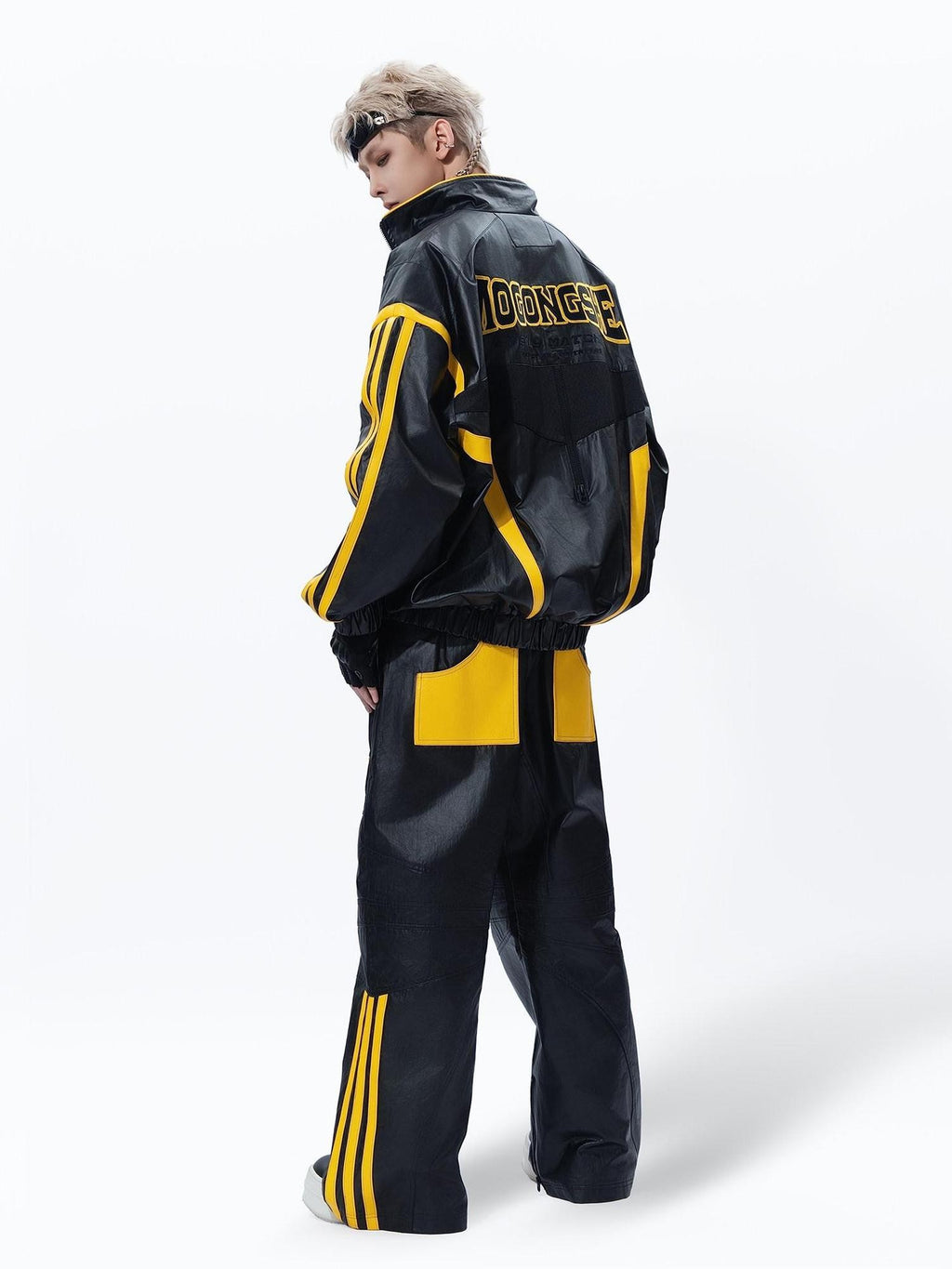 MOGONGSHE Black Yellow Colorblock High Collar Spliced Biker Women's Pu Leather Jackets
