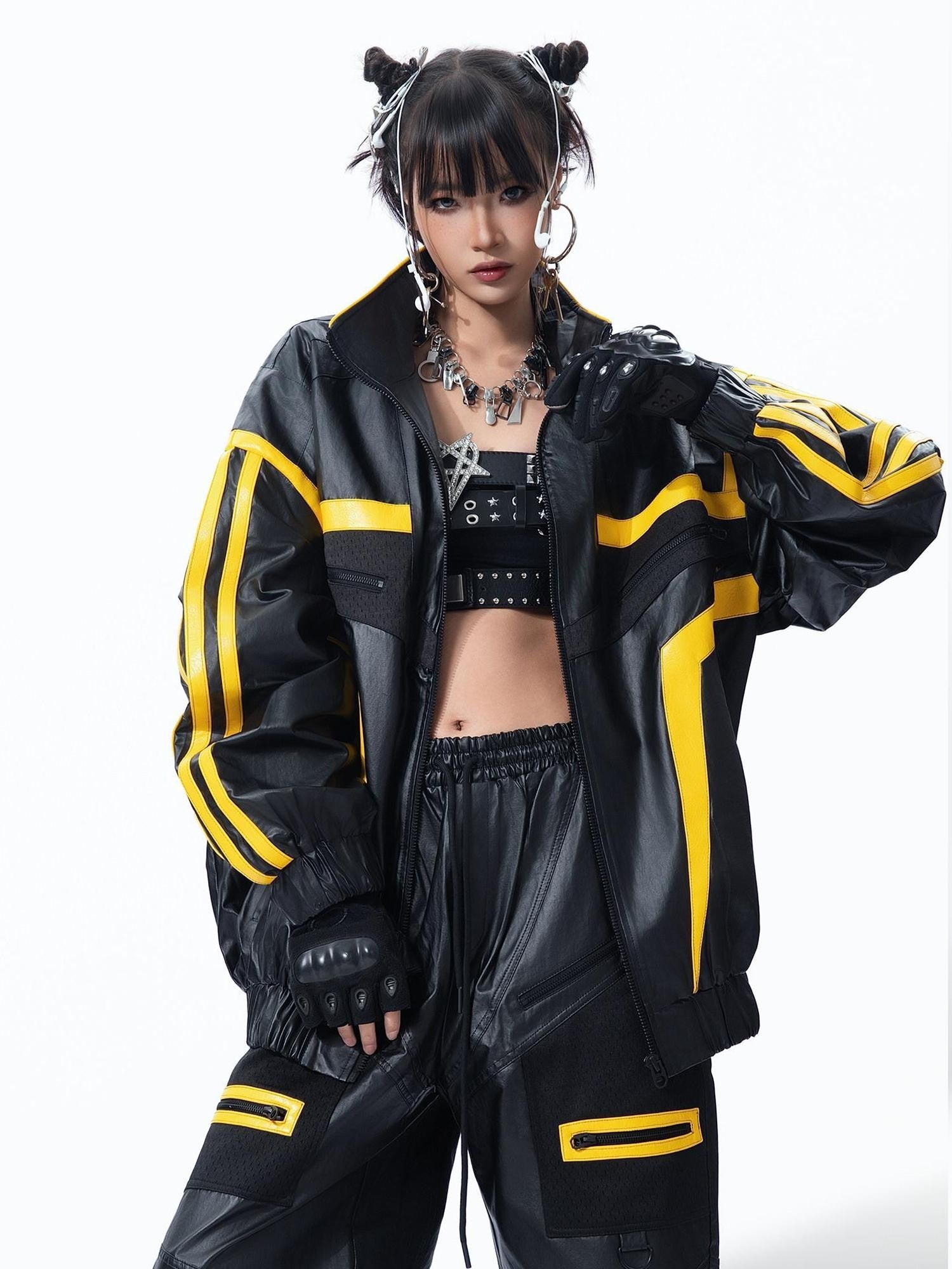 MOGONGSHE Black Yellow Colorblock High Collar Spliced Biker Women's Pu Leather Jackets