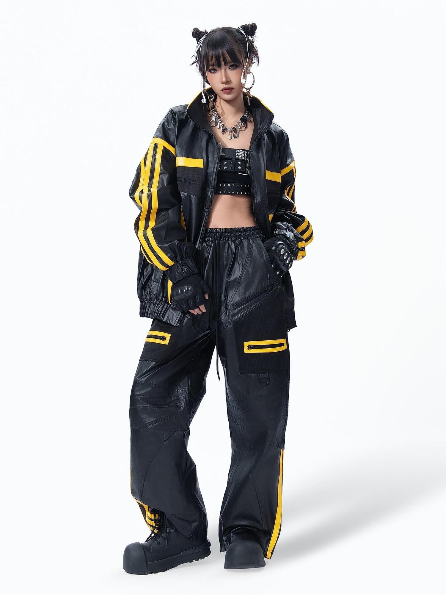MOGONGSHE Black Yellow Colorblock High Collar Spliced Biker Women's Pu Leather Jackets