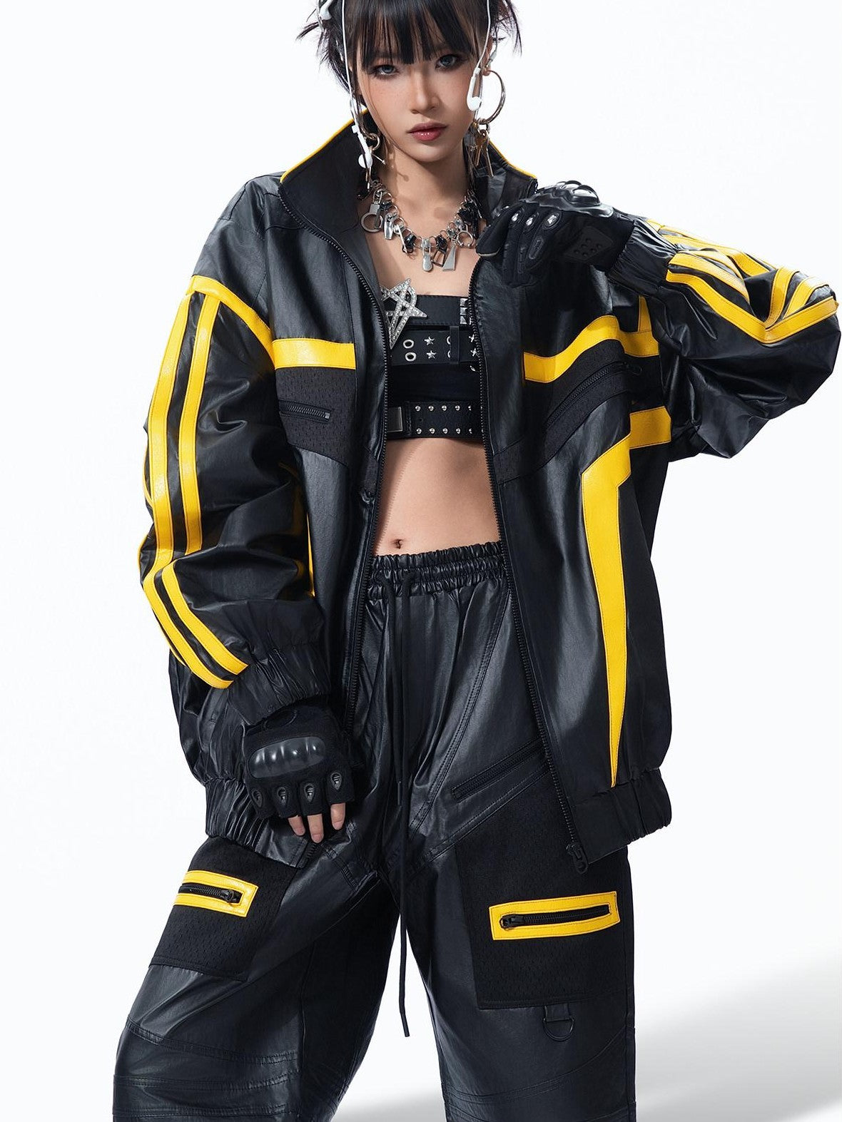 MOGONGSHE Black Yellow Colorblock High Collar Spliced Biker Women's Pu Leather Jackets
