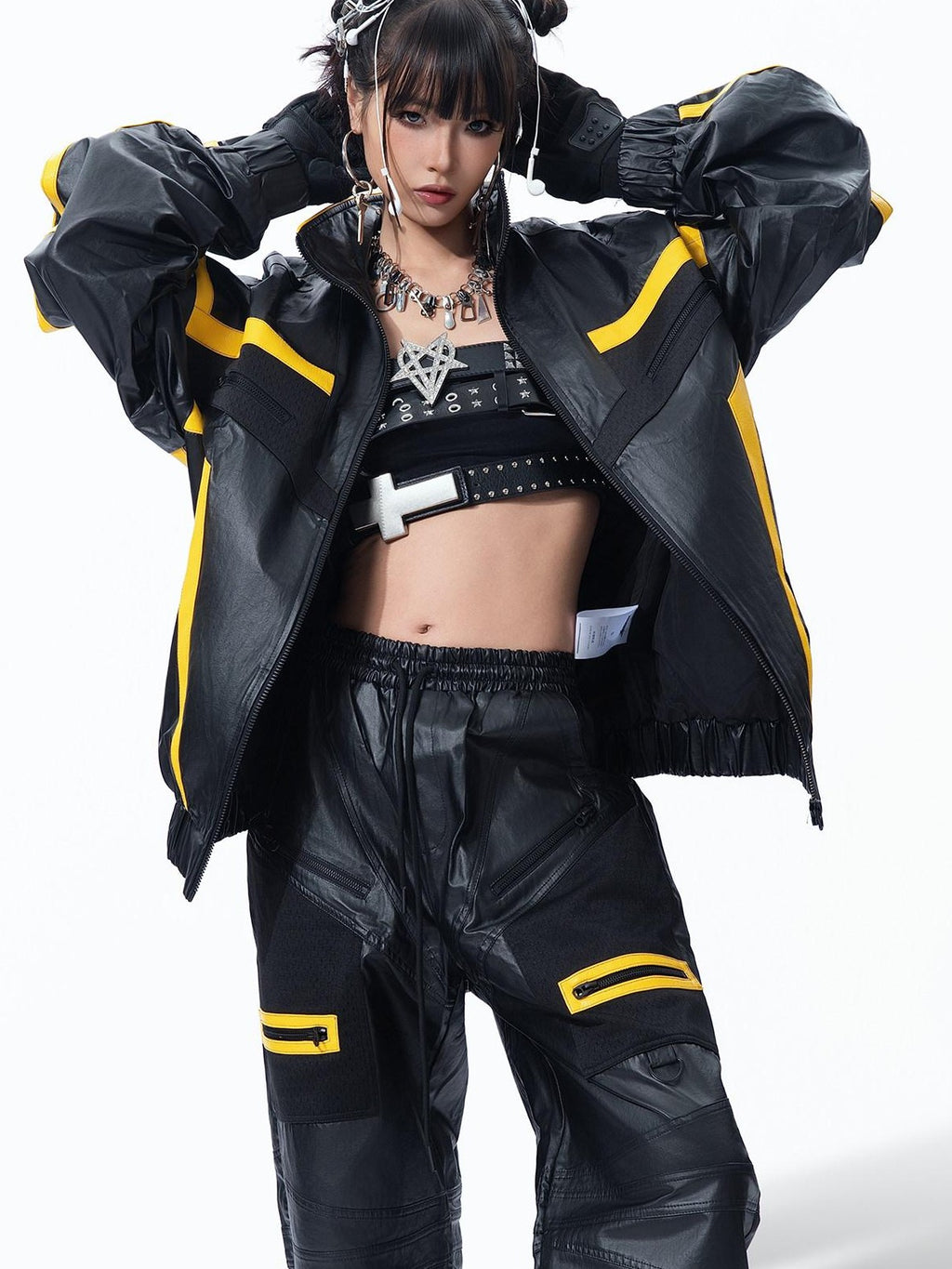 MOGONGSHE Black Yellow Colorblock High Collar Spliced Biker Women's Pu Leather Jackets