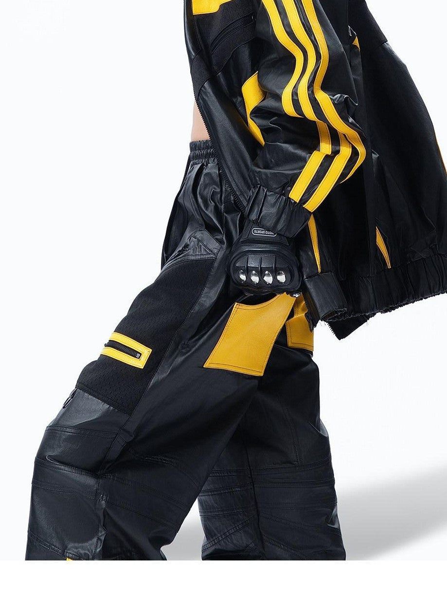 MOGONGSHE Black Yellow Colorblock High Collar Spliced Biker Women's Pu Leather Jackets