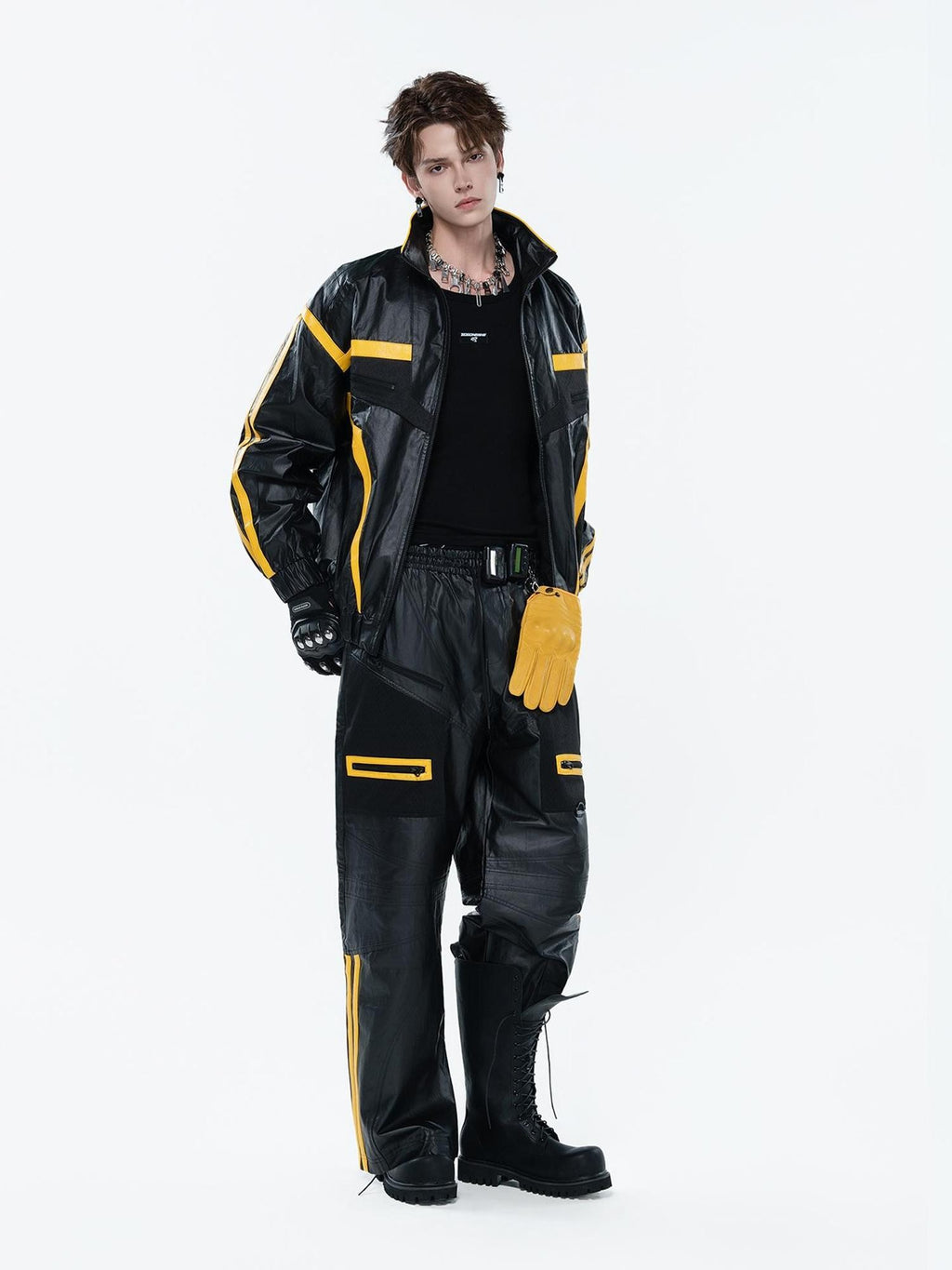 MOGONGSHE Black Yellow Colorblock Wide Leg Heavy Craft Women's Pu Leather Pants