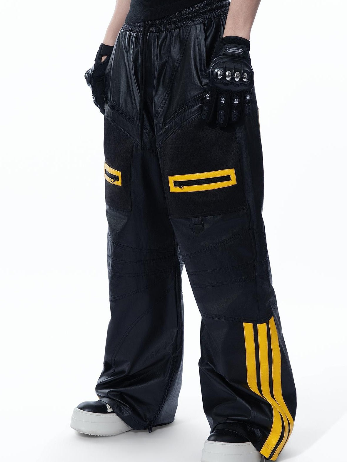 MOGONGSHE Black Yellow Colorblock Wide Leg Heavy Craft Women's Pu Leather Pants