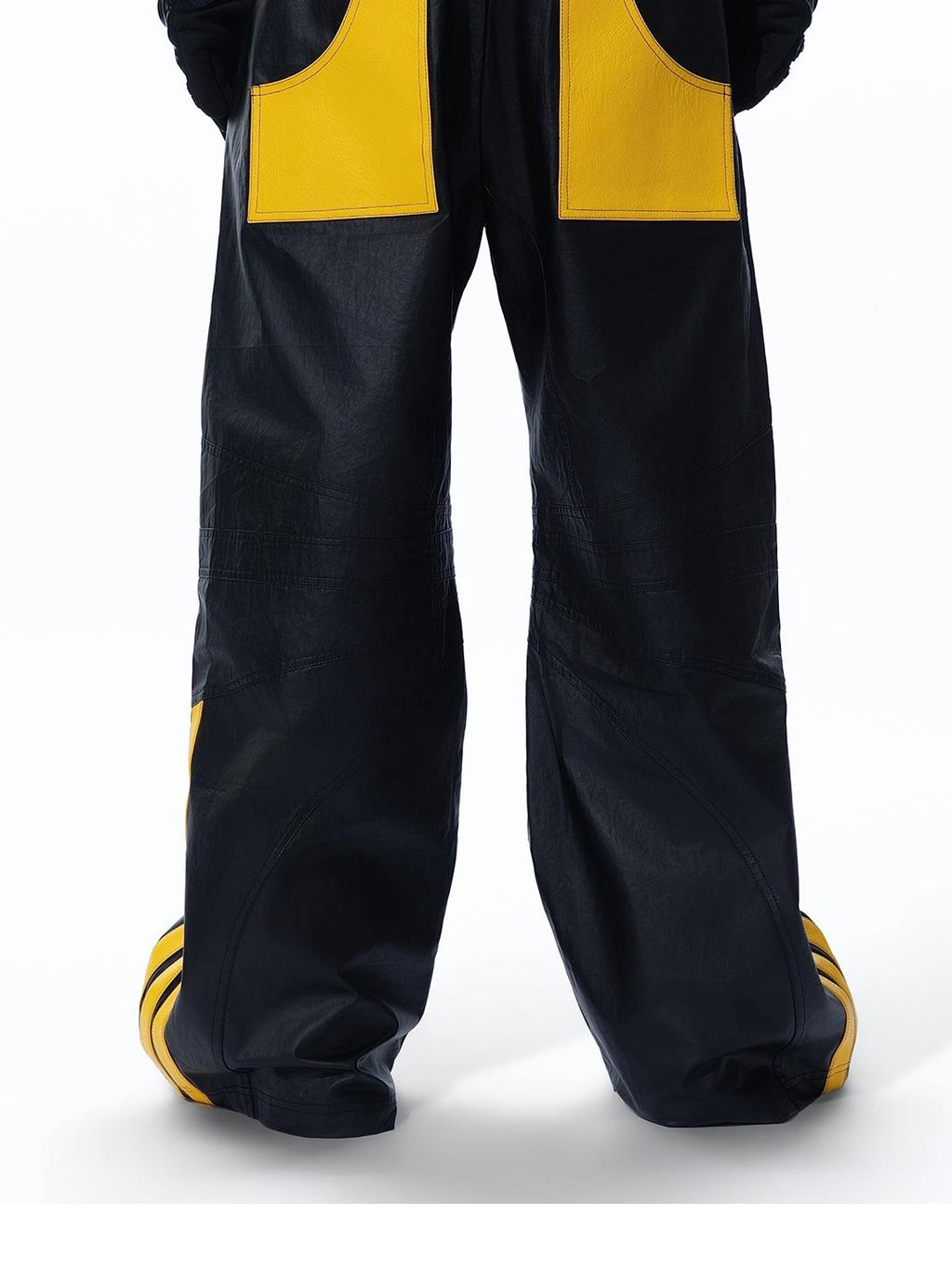 MOGONGSHE Black Yellow Colorblock Wide Leg Heavy Craft Women's Pu Leather Pants