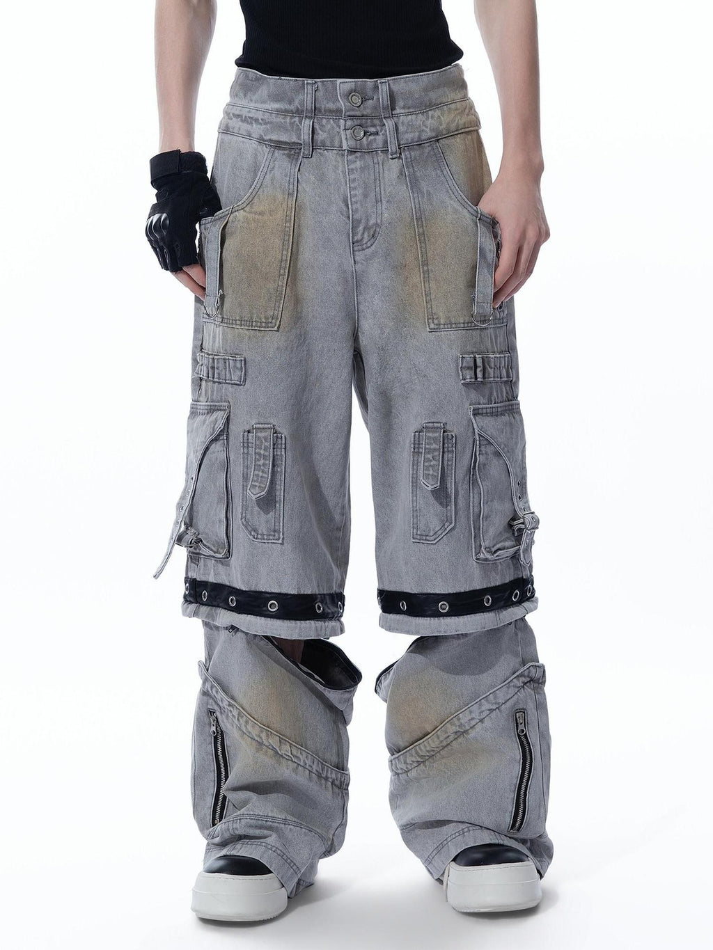 MOGONGSHE Bleached Multi Pocket Detachable Women's Denim Wide-leg Jeans