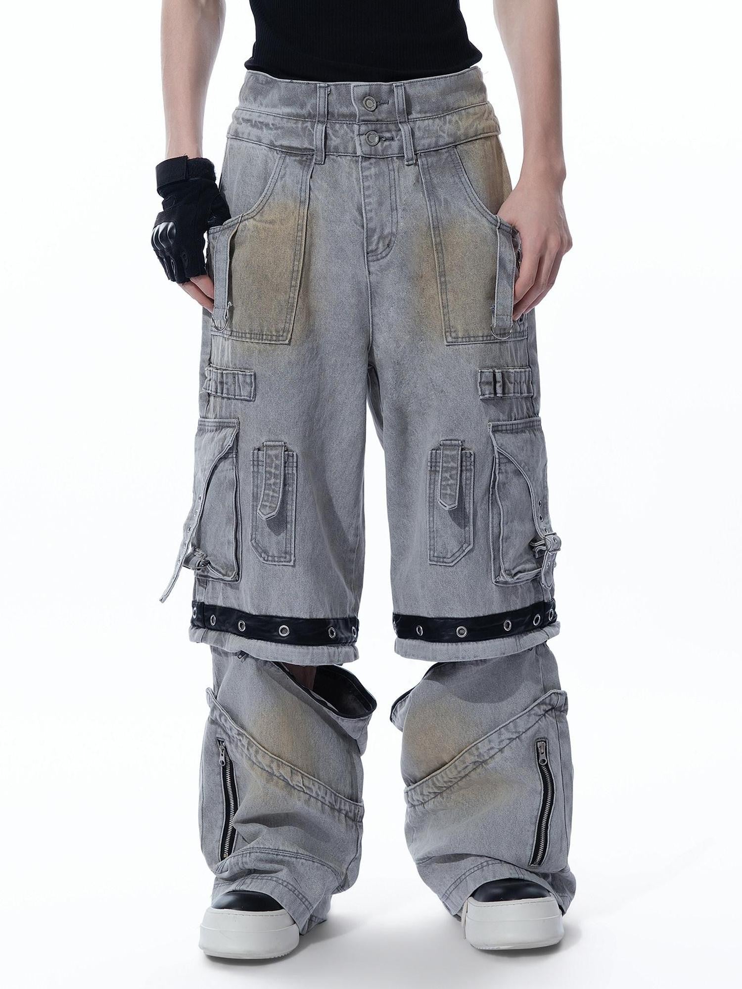 MOGONGSHE Bleached Multi Pocket Detachable Women's Denim Wide-leg Jeans