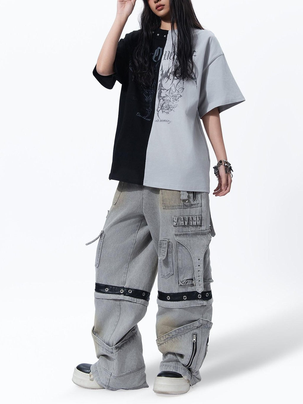 MOGONGSHE Bleached Multi Pocket Detachable Women's Denim Wide-leg Jeans
