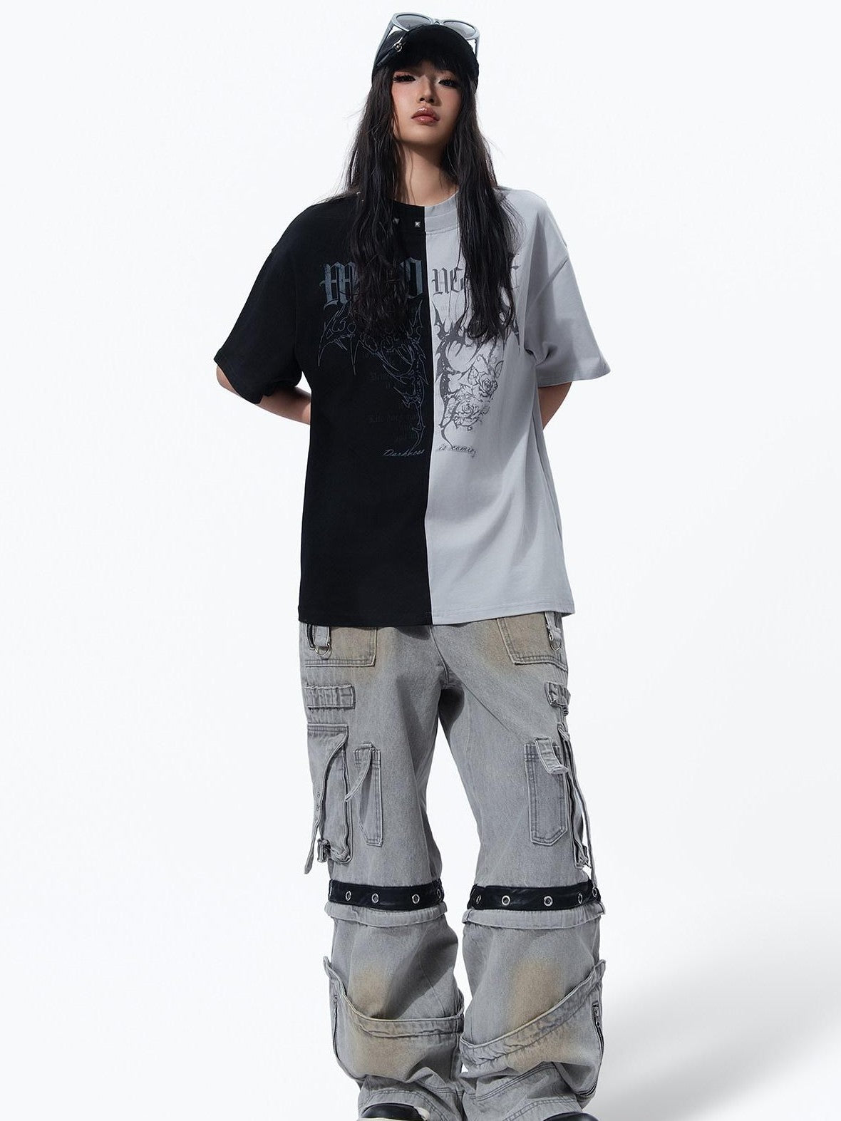MOGONGSHE Bleached Multi Pocket Detachable Women's Denim Wide-leg Jeans