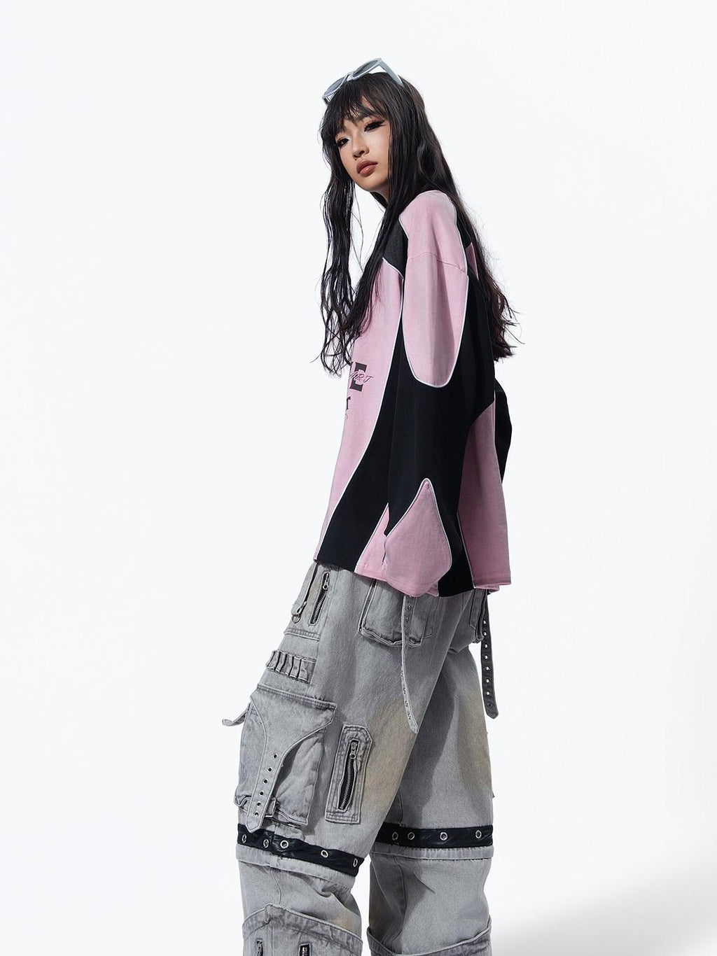 MOGONGSHE Bleached Multi Pocket Detachable Women's Denim Wide-leg Jeans