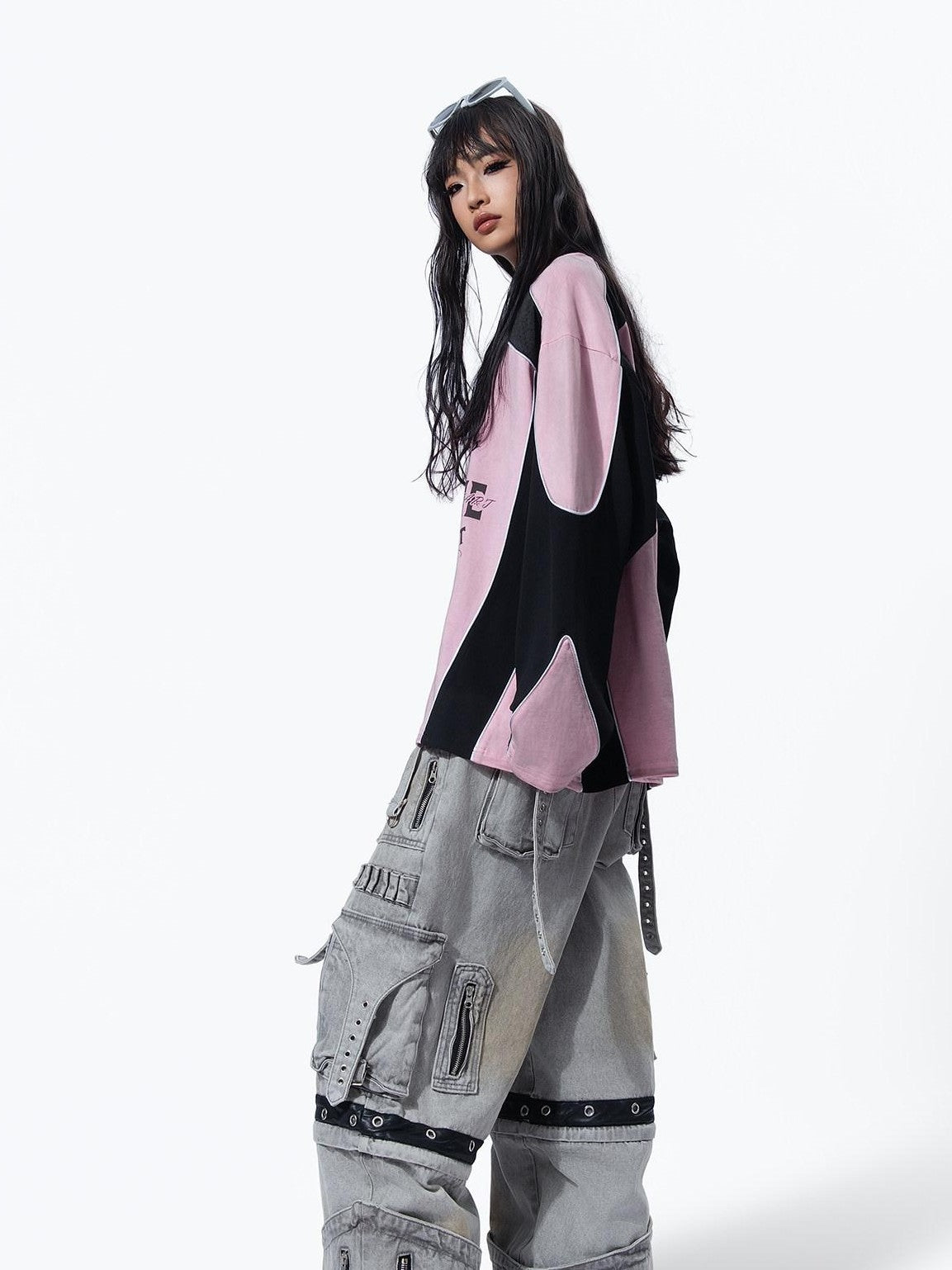MOGONGSHE Bleached Multi Pocket Detachable Women's Denim Wide-leg Jeans