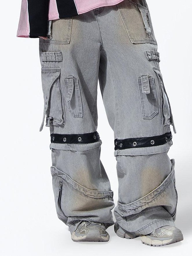 MOGONGSHE Bleached Multi Pocket Detachable Women's Denim Wide-leg Jeans