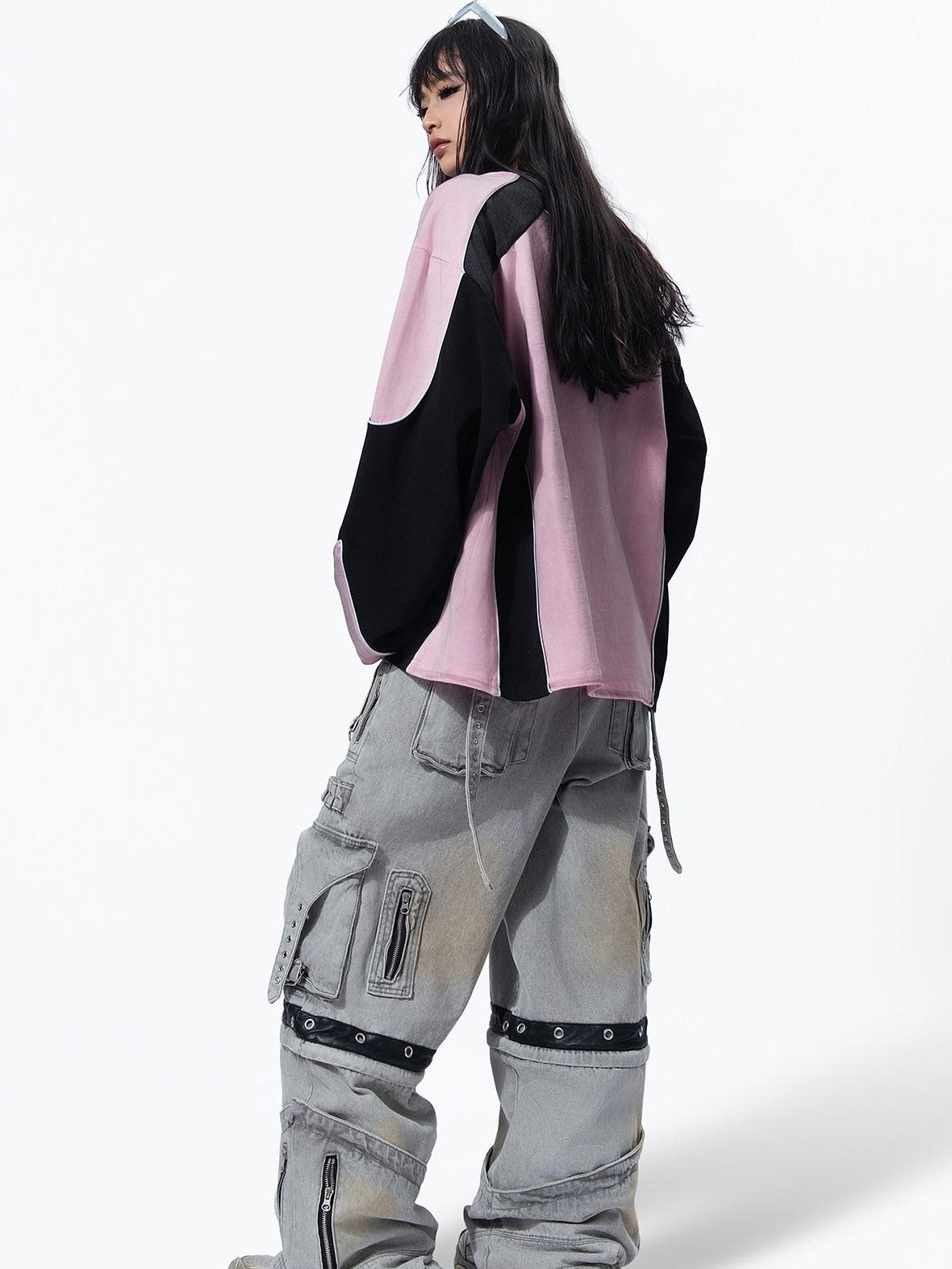 MOGONGSHE Bleached Multi Pocket Detachable Women's Denim Wide-leg Jeans
