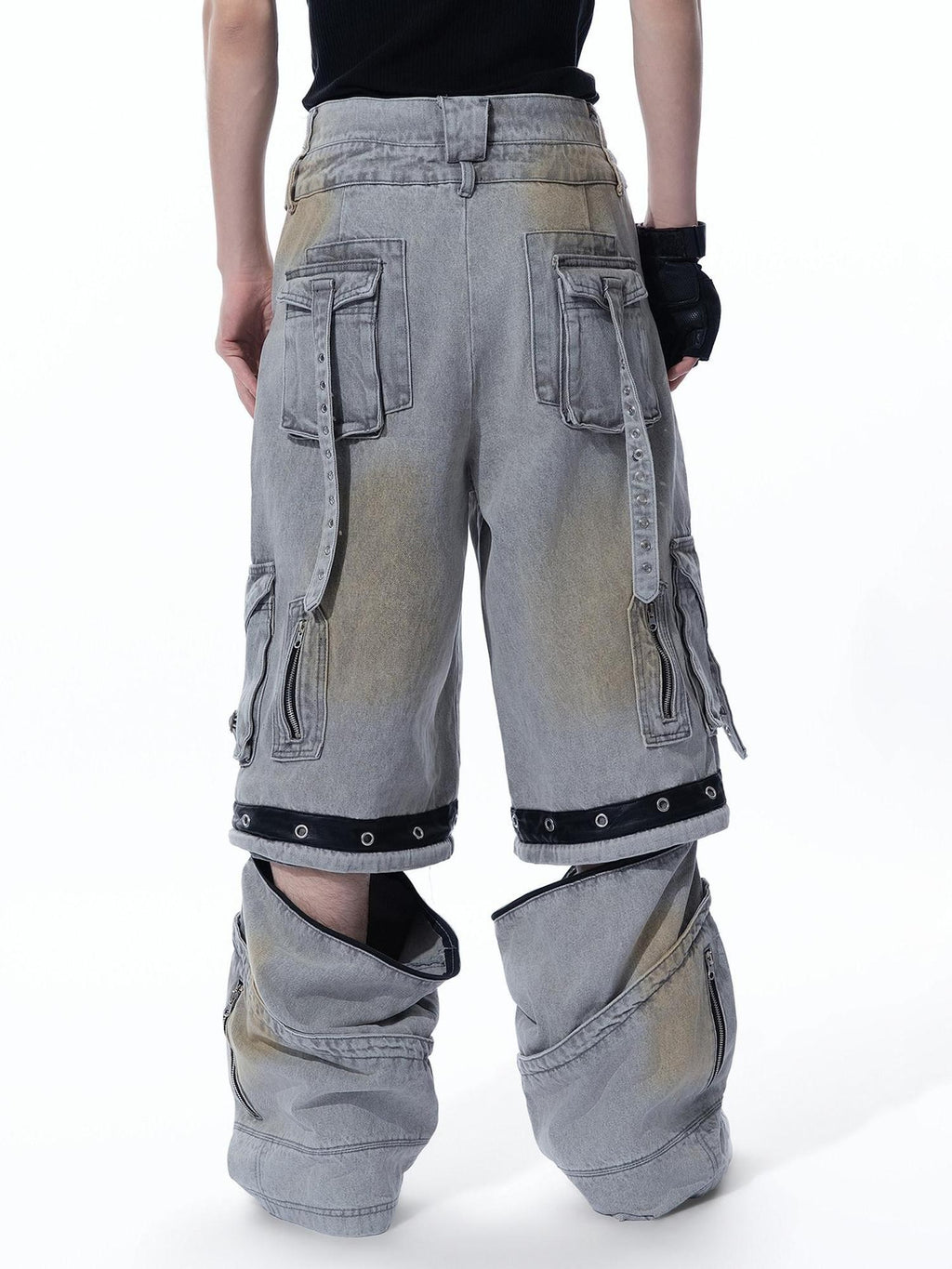 MOGONGSHE Bleached Multi Pocket Detachable Women's Denim Wide-leg Jeans