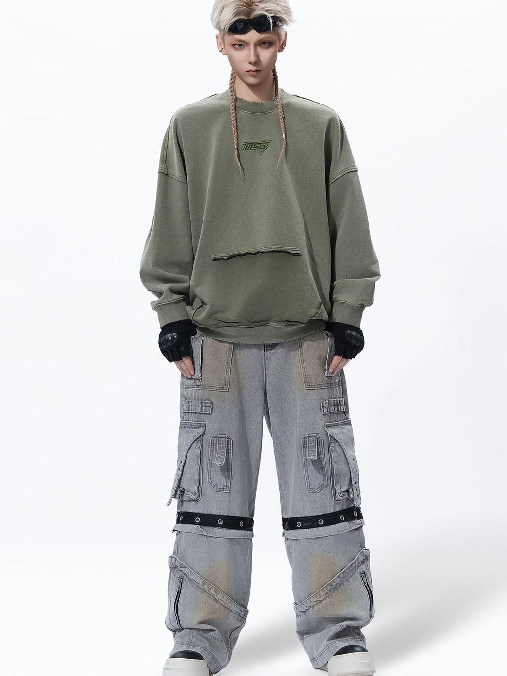 MOGONGSHE Bleached Multi Pocket Detachable Women's Denim Wide-leg Jeans