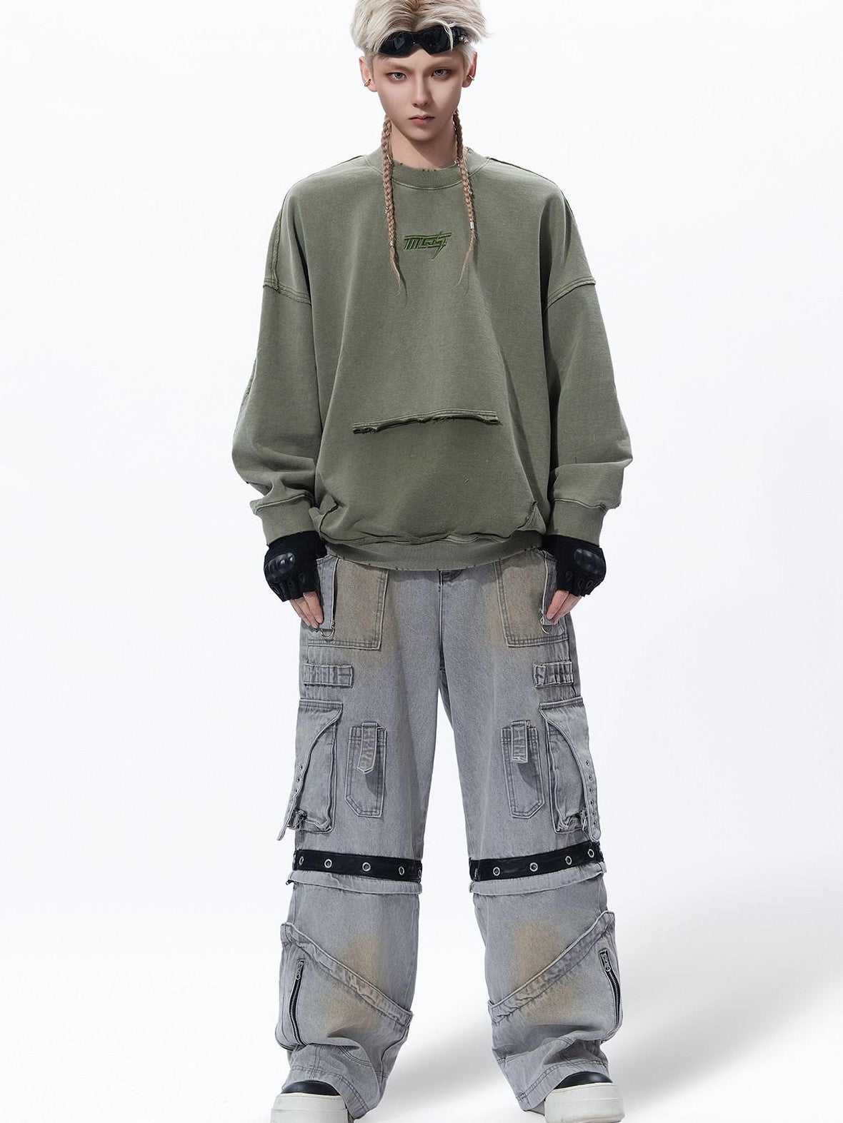 MOGONGSHE Bleached Multi Pocket Detachable Women's Denim Wide-leg Jeans