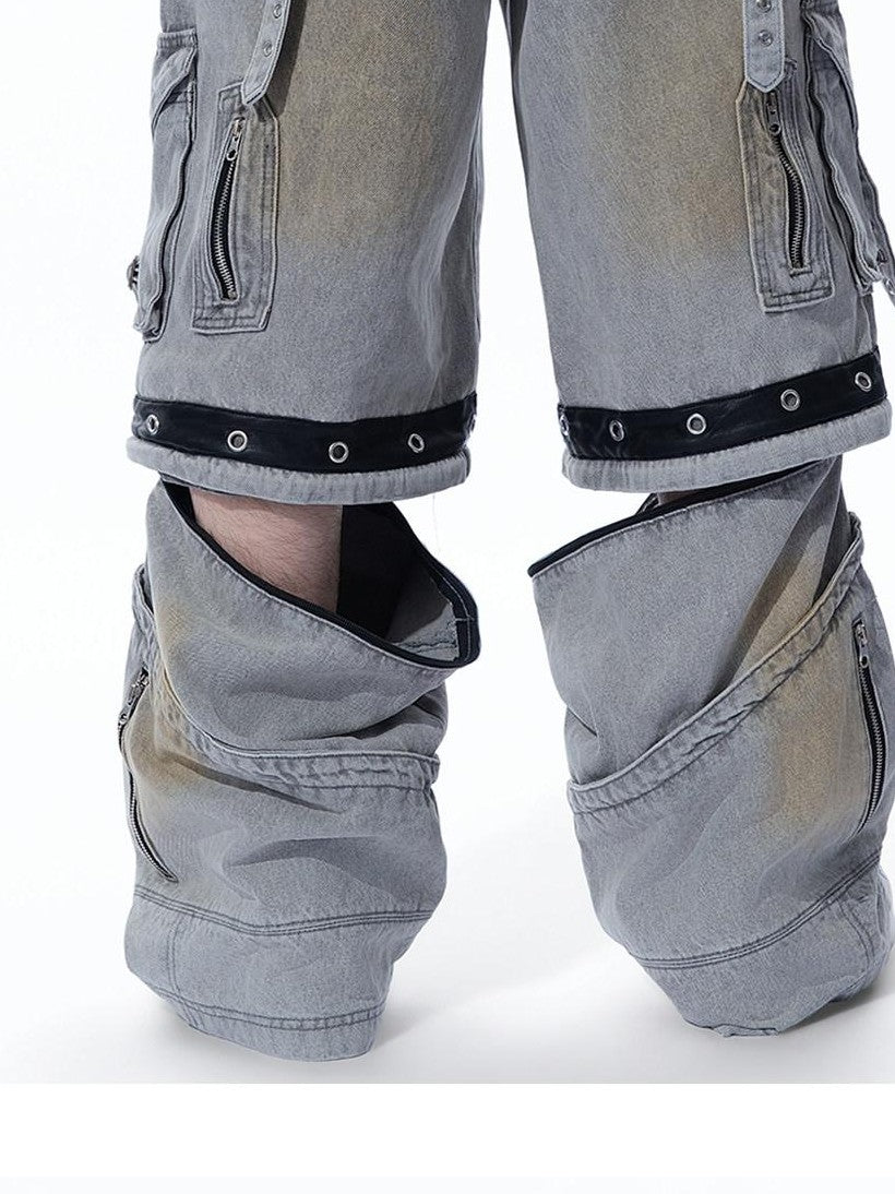 MOGONGSHE Bleached Multi Pocket Detachable Women's Denim Wide-leg Jeans