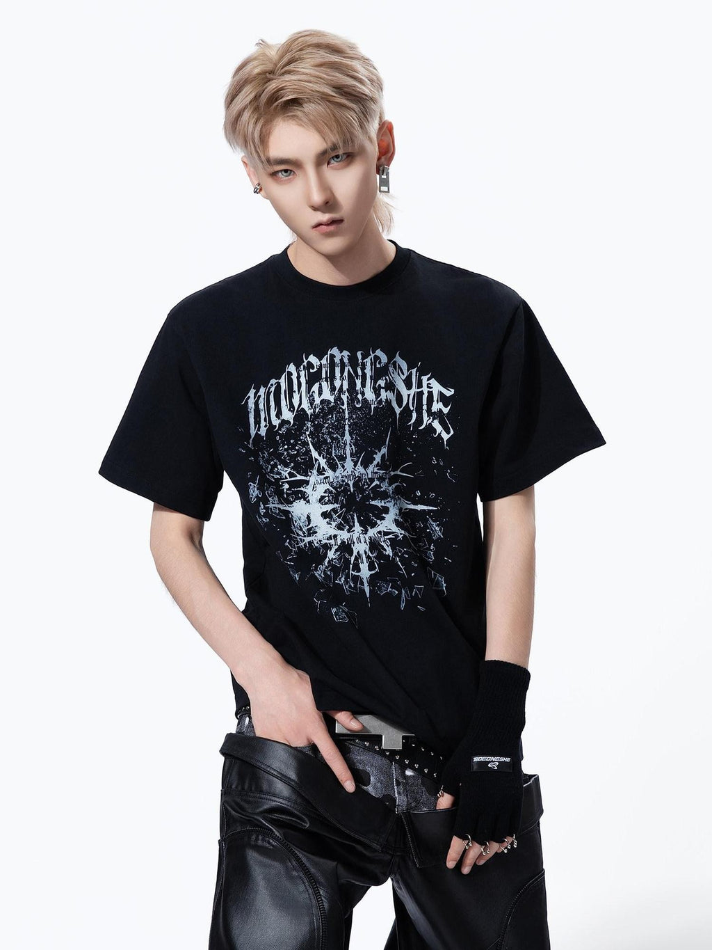 MOGONGSHE Broken Starburst Gothic Print Punk Drop Shoulder Women's Short Sleeve T-shirts