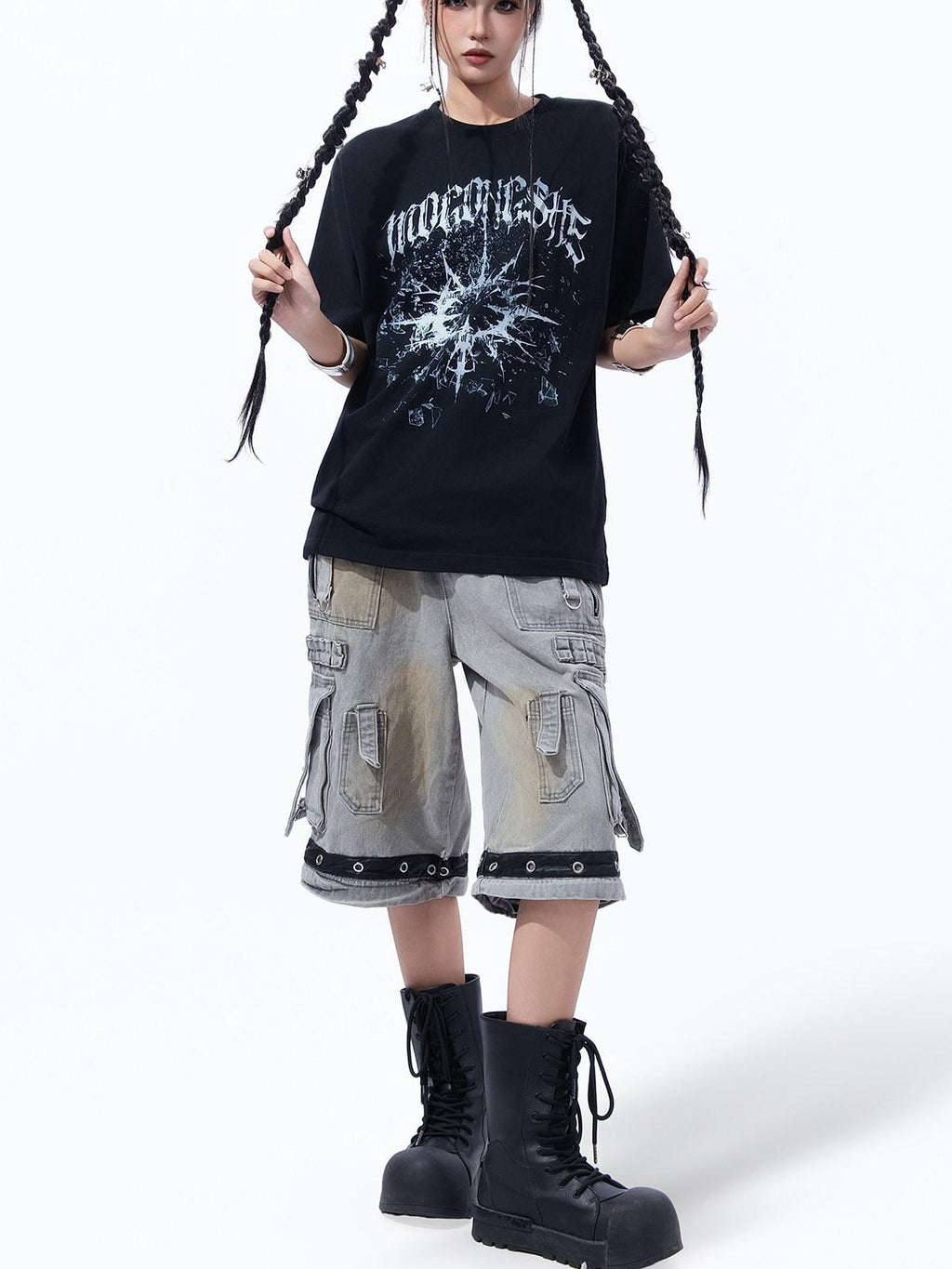 MOGONGSHE Broken Starburst Gothic Print Punk Drop Shoulder Women's Short Sleeve T-shirts