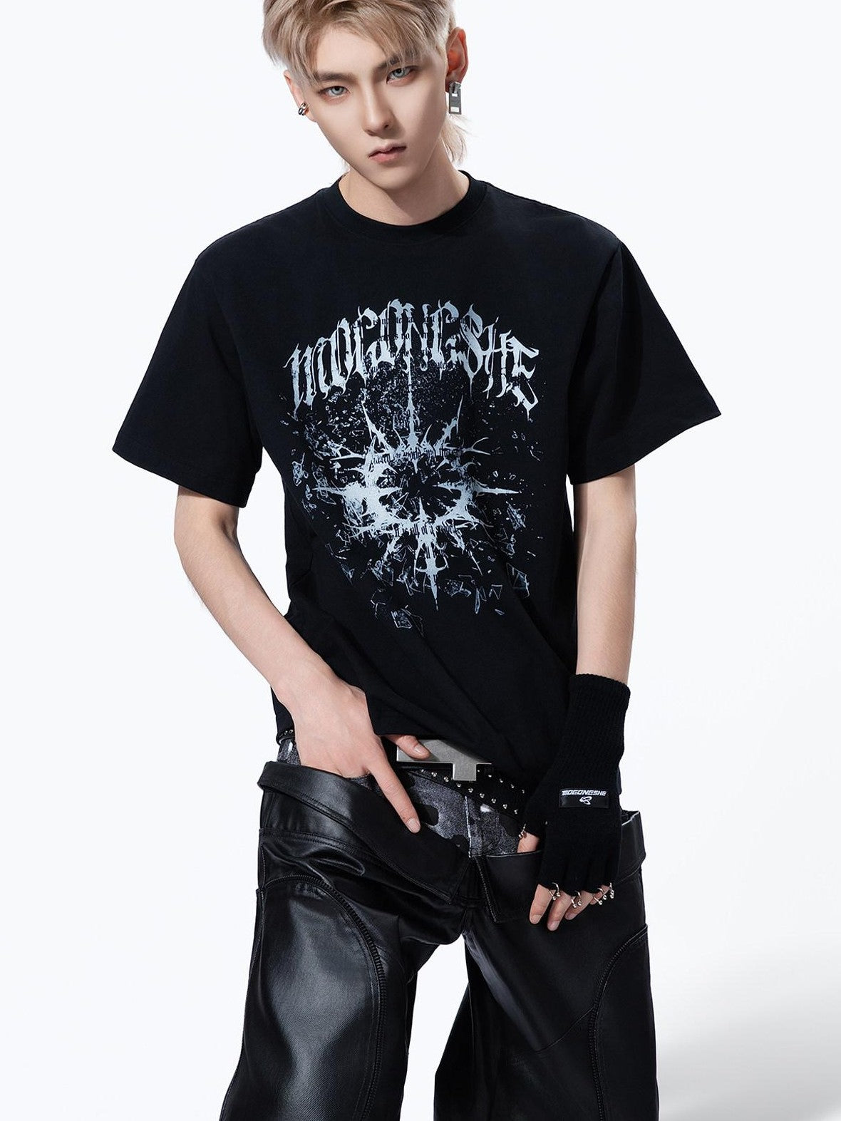 MOGONGSHE Broken Starburst Gothic Print Punk Drop Shoulder Women's Short Sleeve T-shirts