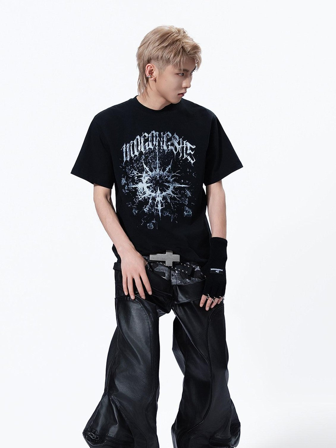 MOGONGSHE Broken Starburst Gothic Print Punk Drop Shoulder Women's Short Sleeve T-shirts