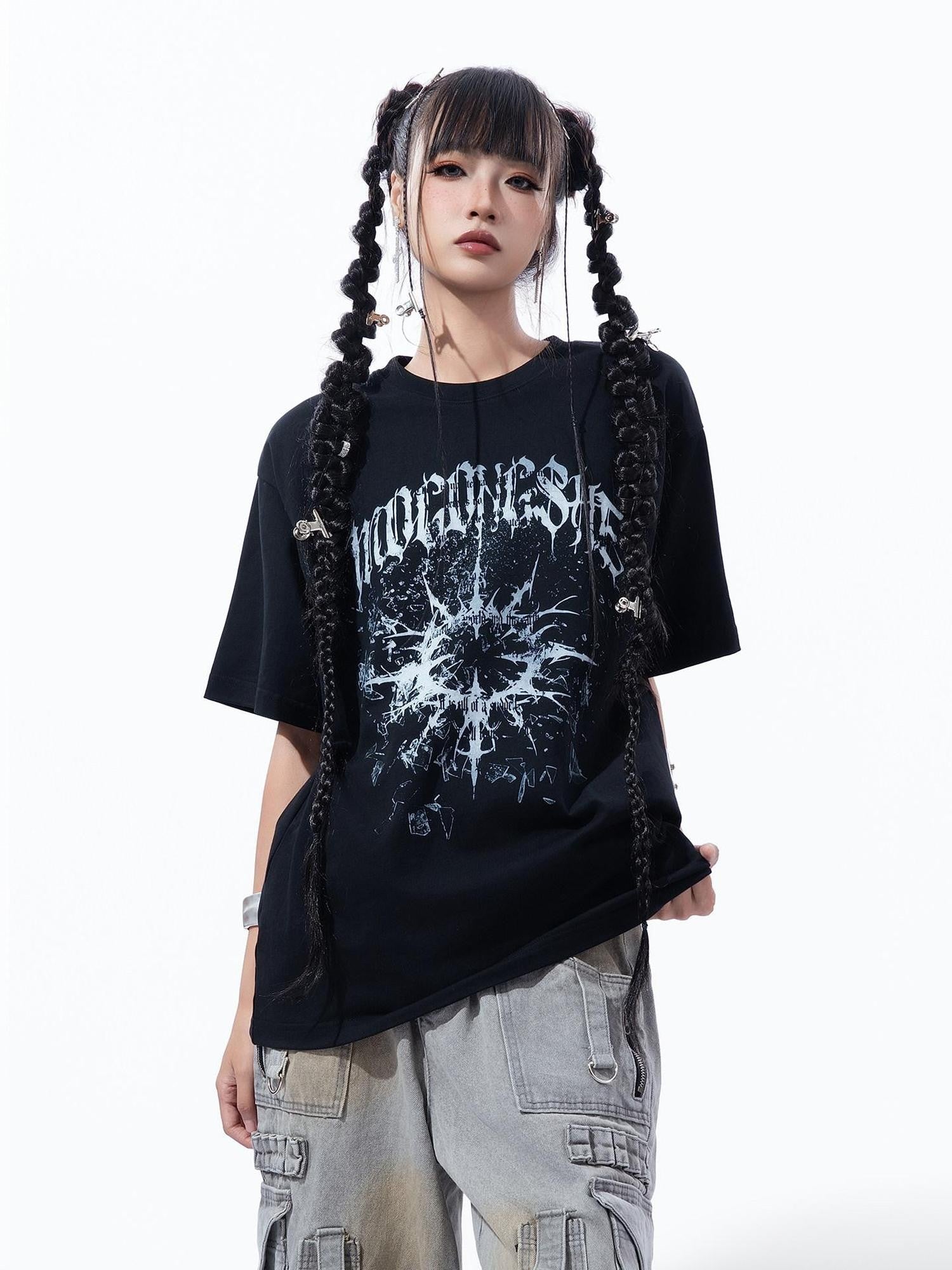 MOGONGSHE Broken Starburst Gothic Print Punk Drop Shoulder Women's Short Sleeve T-shirts