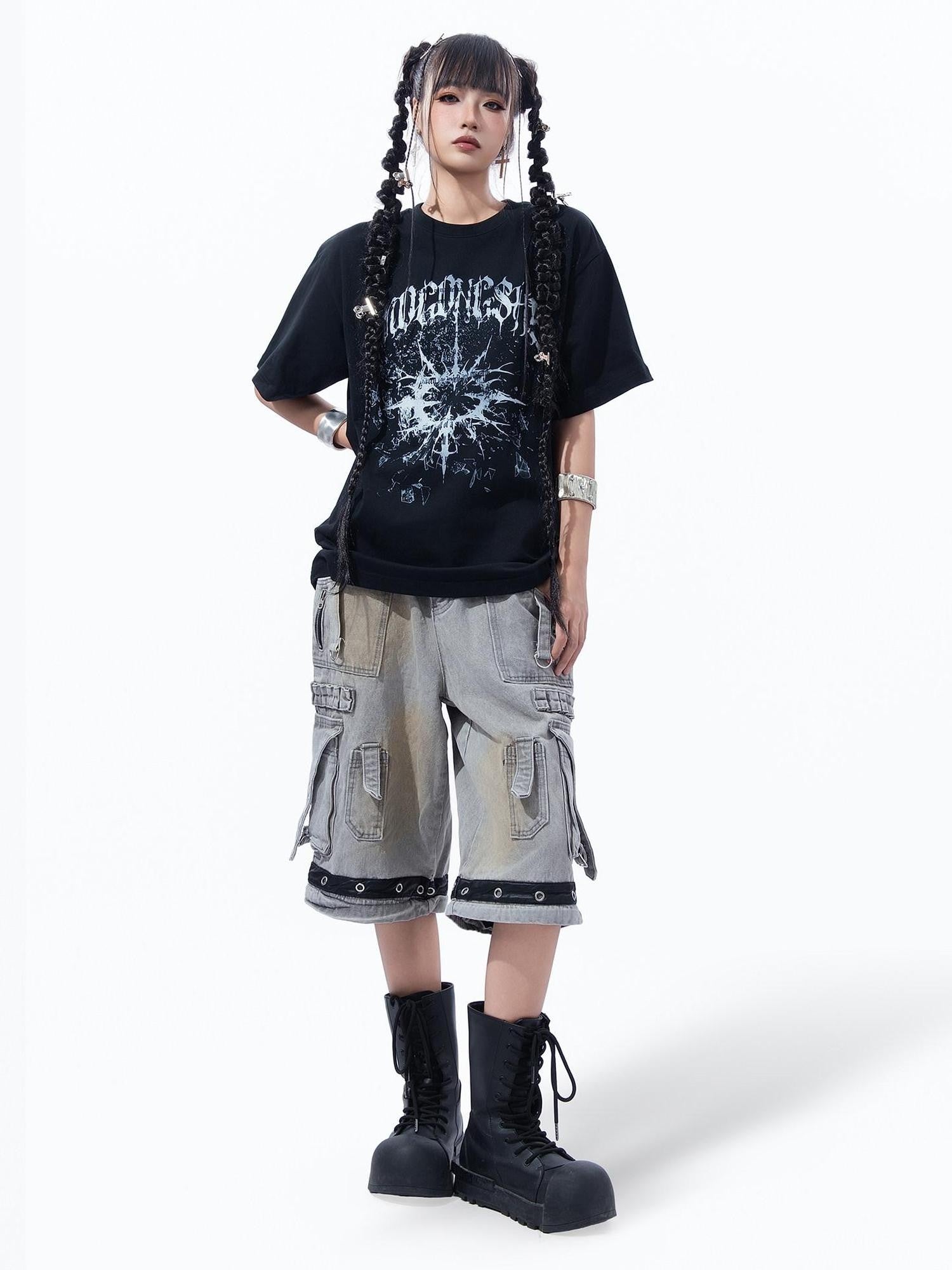 MOGONGSHE Broken Starburst Gothic Print Punk Drop Shoulder Women's Short Sleeve T-shirts