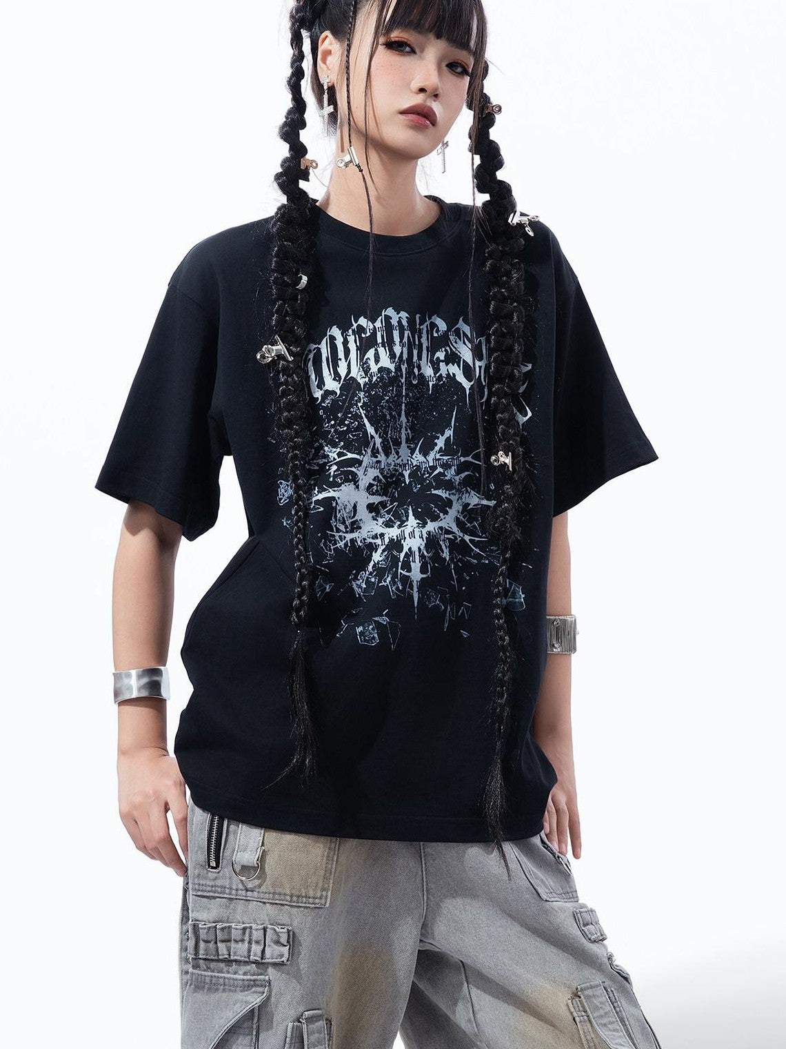 MOGONGSHE Broken Starburst Gothic Print Punk Drop Shoulder Women's Short Sleeve T-shirts